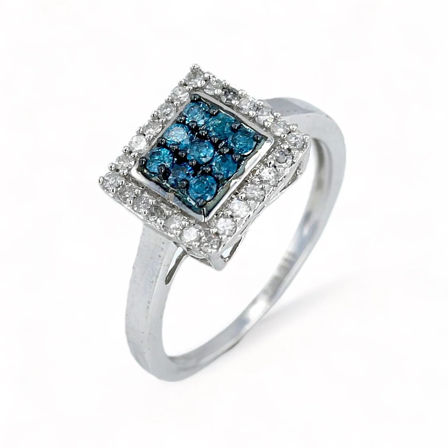 10K white gold Halo diamonds and center blue diamond ring-17899