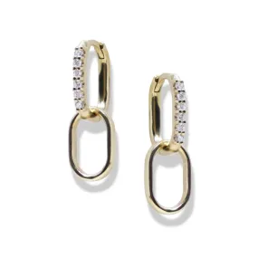 14K Yellow Gold Classique Pave Diamond Paper Clip Double Hoops