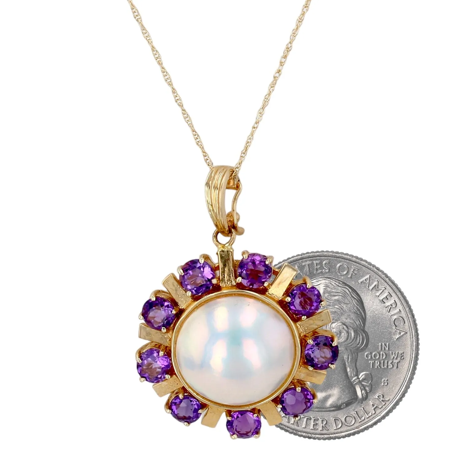 14K Yellow gold Sun Japanese salt water Mabe pearl mix with natural amethyst Necklace-16715