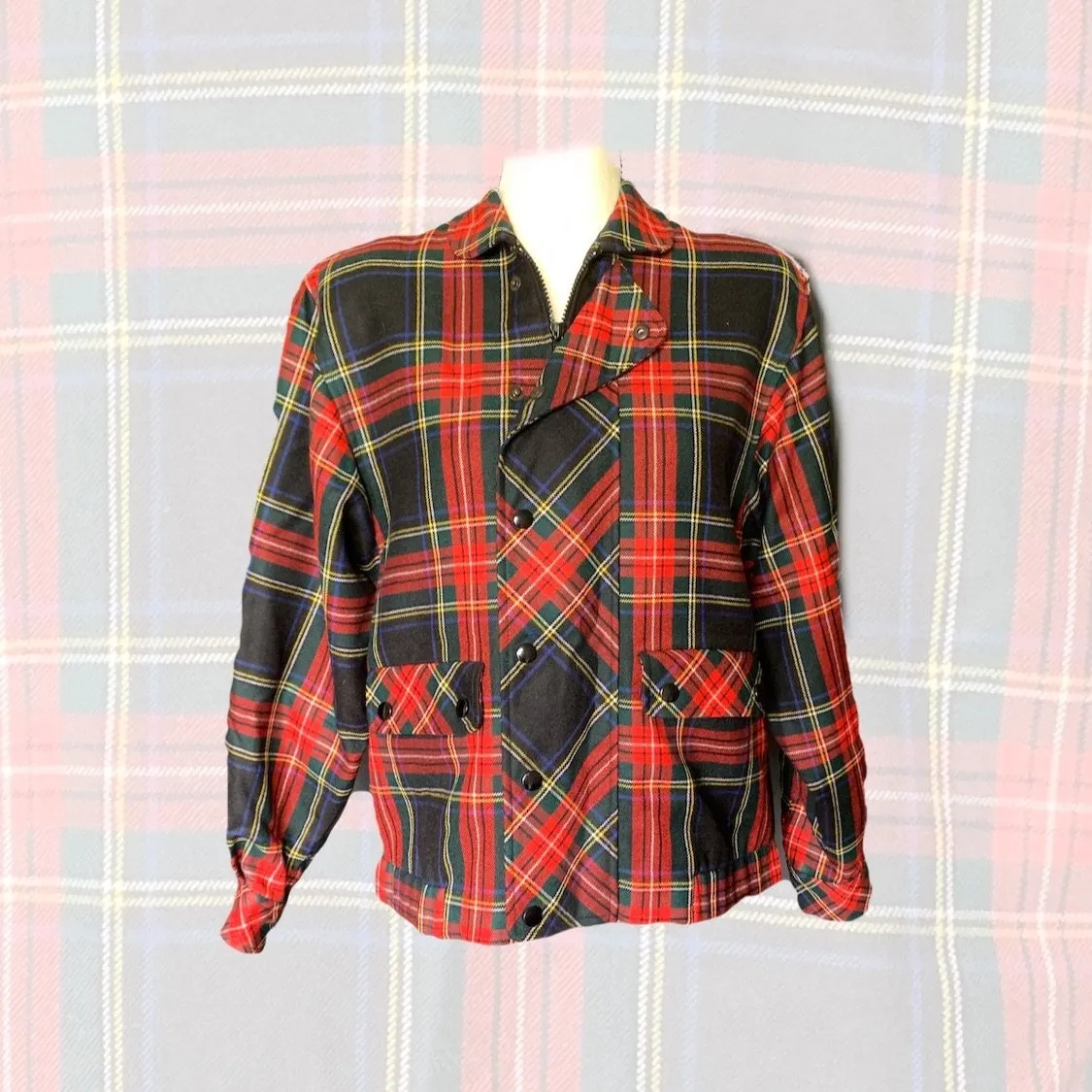 1960s Red Plaid Wool Bomber Jacket by Gloria Gelb. Fall Fashion Trend Vintage Style. Sustainable Clothing.