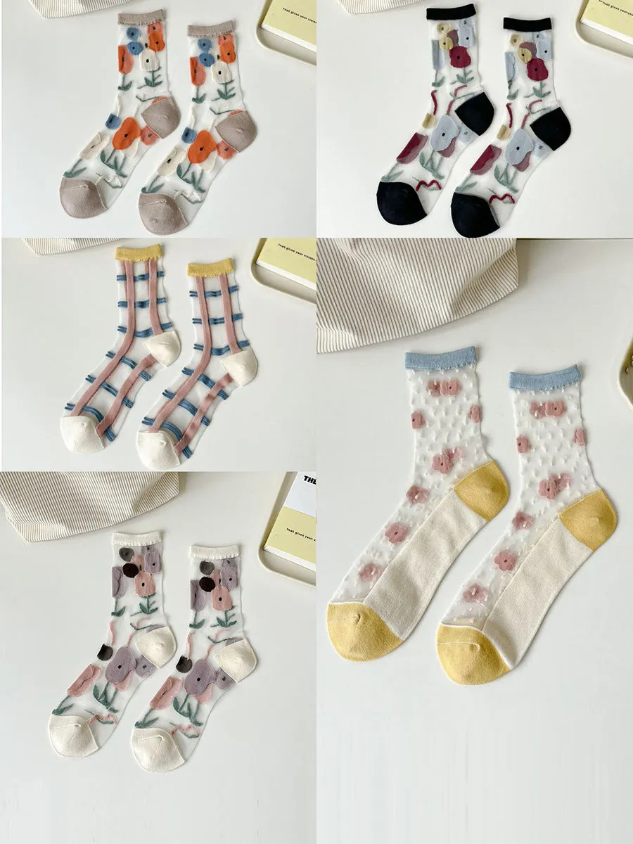 5 Pairs Women Artsy Summer Flower Jacquard Thin Socks CX040