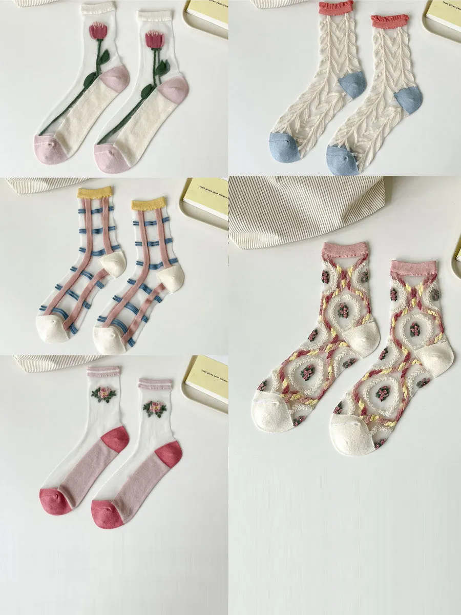 5 Pairs Women Artsy Summer Flower Jacquard Thin Socks CX040