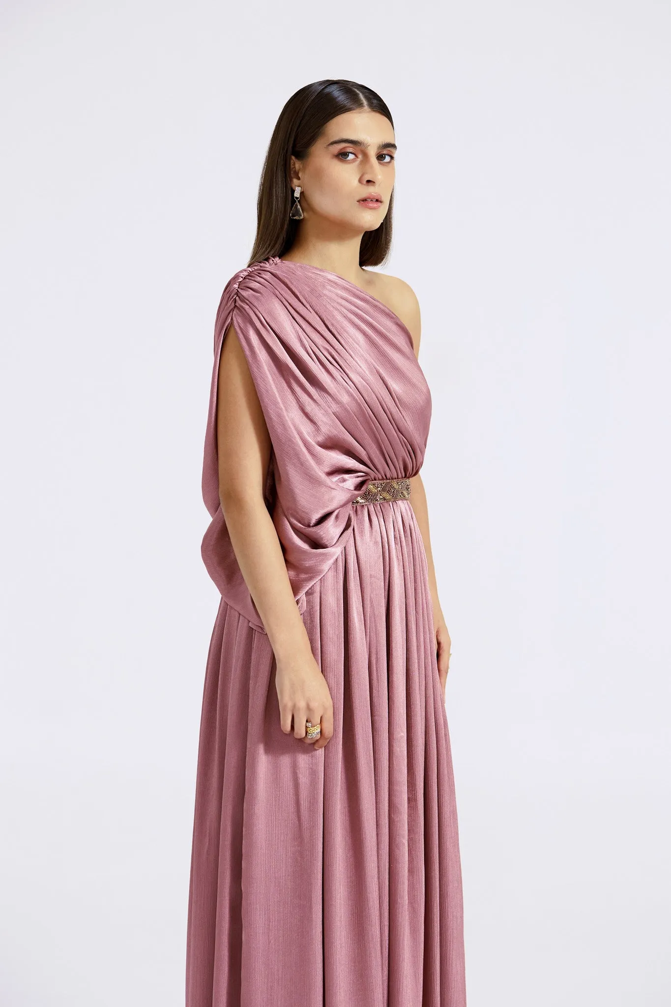 51Z018-RO Lilac Chinon One Shoulder Draped Gown