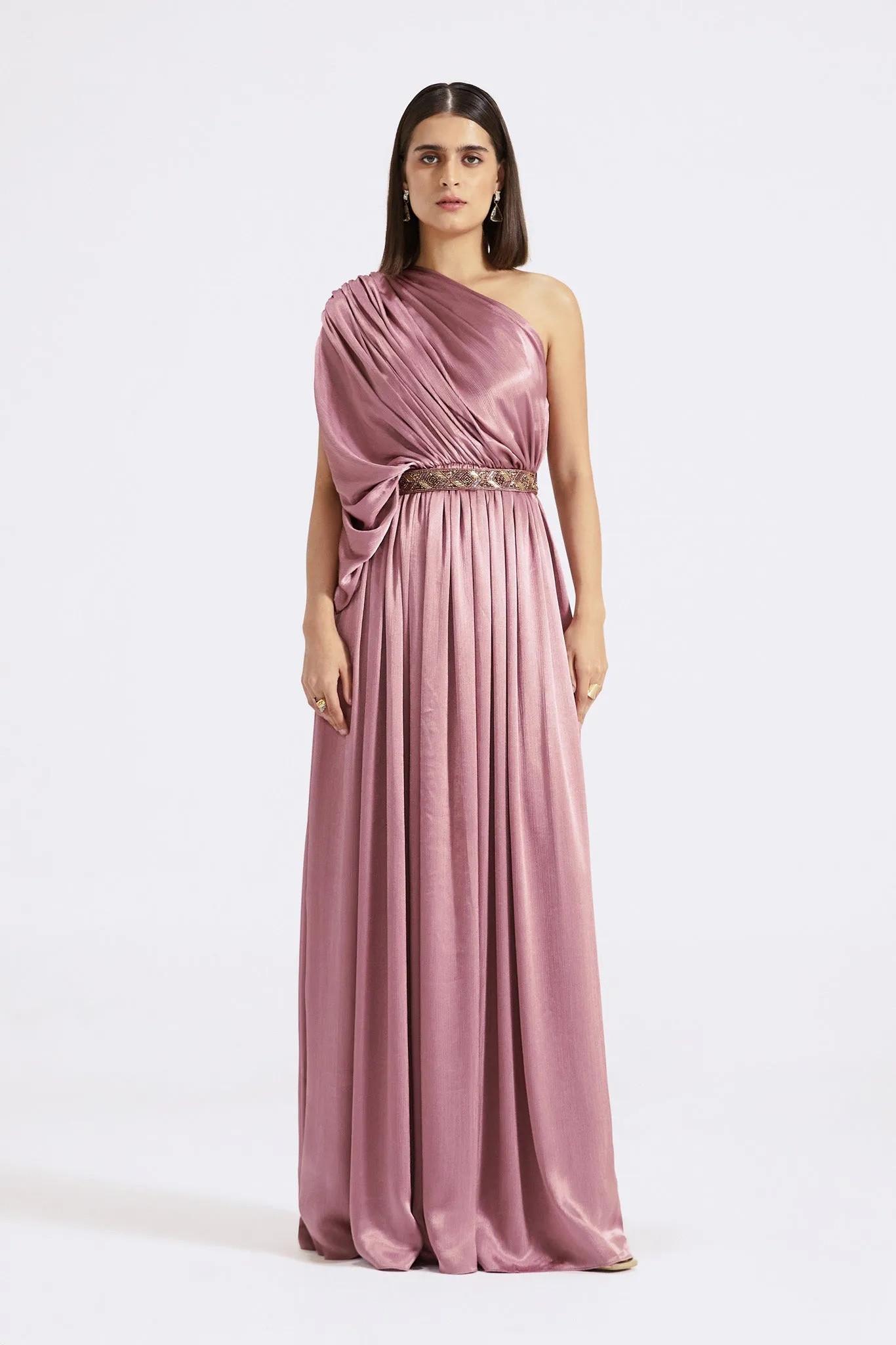 51Z018-RO Lilac Chinon One Shoulder Draped Gown