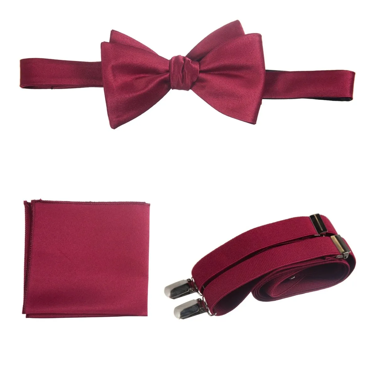 Adjustable Self-tie Bow Tie Stretch Suspender and Pocket Square Set - RENTAL