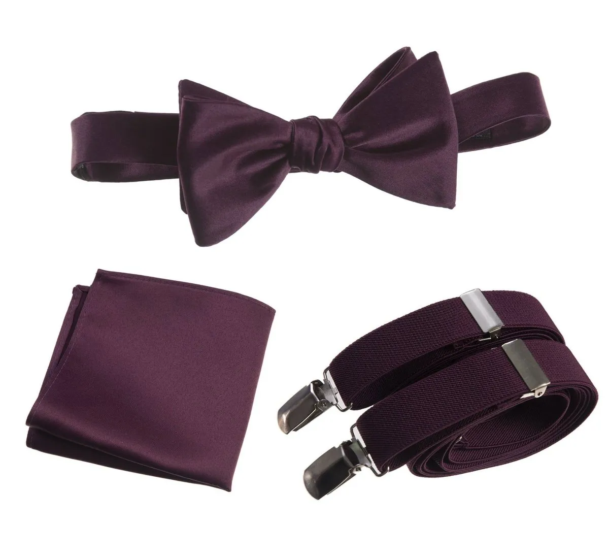 Adjustable Self-tie Bow Tie Stretch Suspender and Pocket Square Set - RENTAL