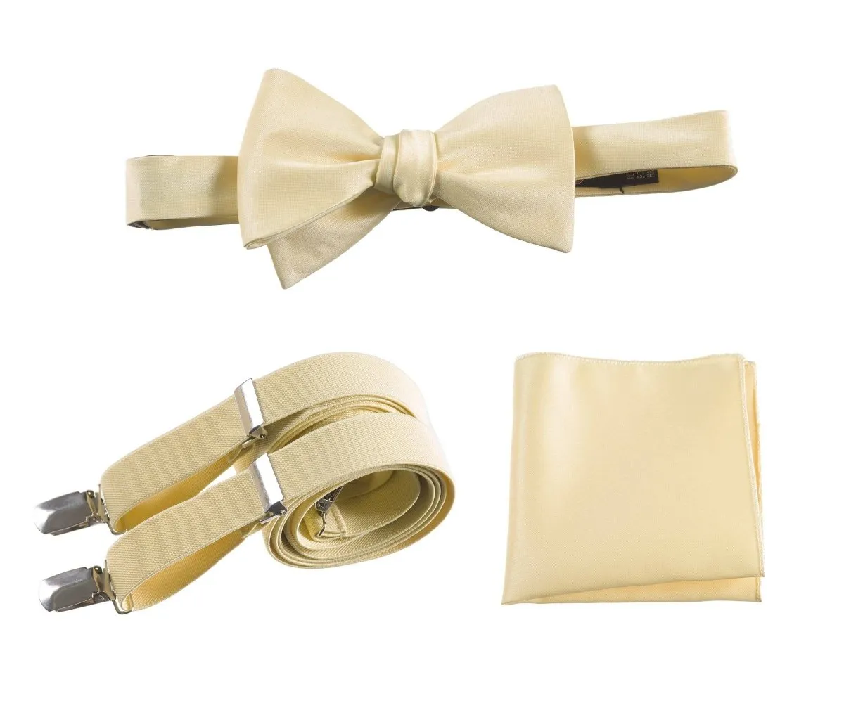 Adjustable Self-tie Bow Tie Stretch Suspender and Pocket Square Set - RENTAL