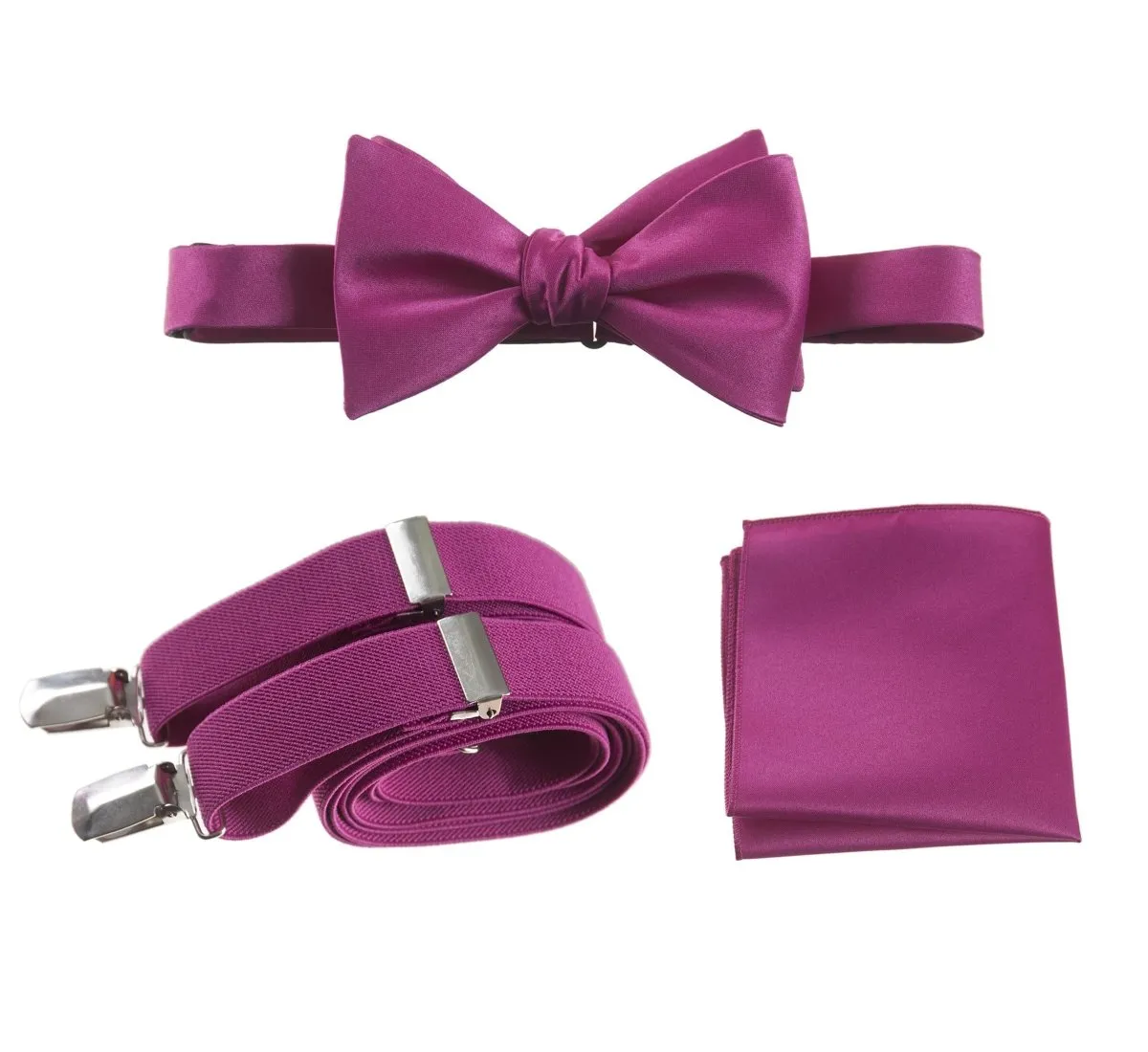 Adjustable Self-tie Bow Tie Stretch Suspender and Pocket Square Set - RENTAL