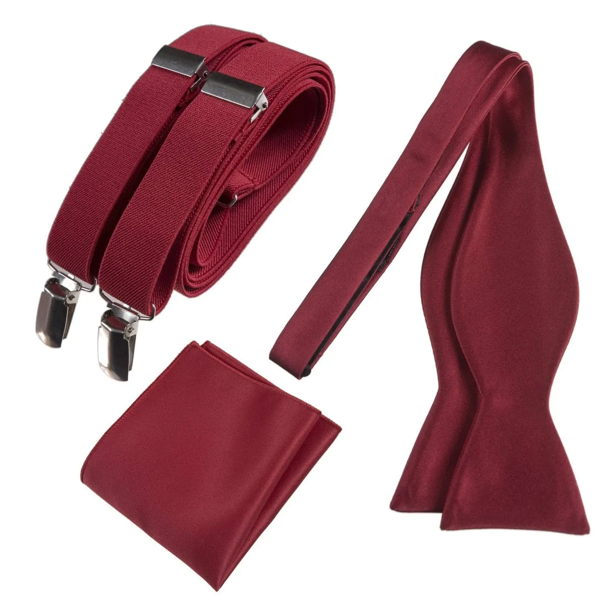 Adjustable Self-tie Bow Tie Stretch Suspender and Pocket Square Set - RENTAL