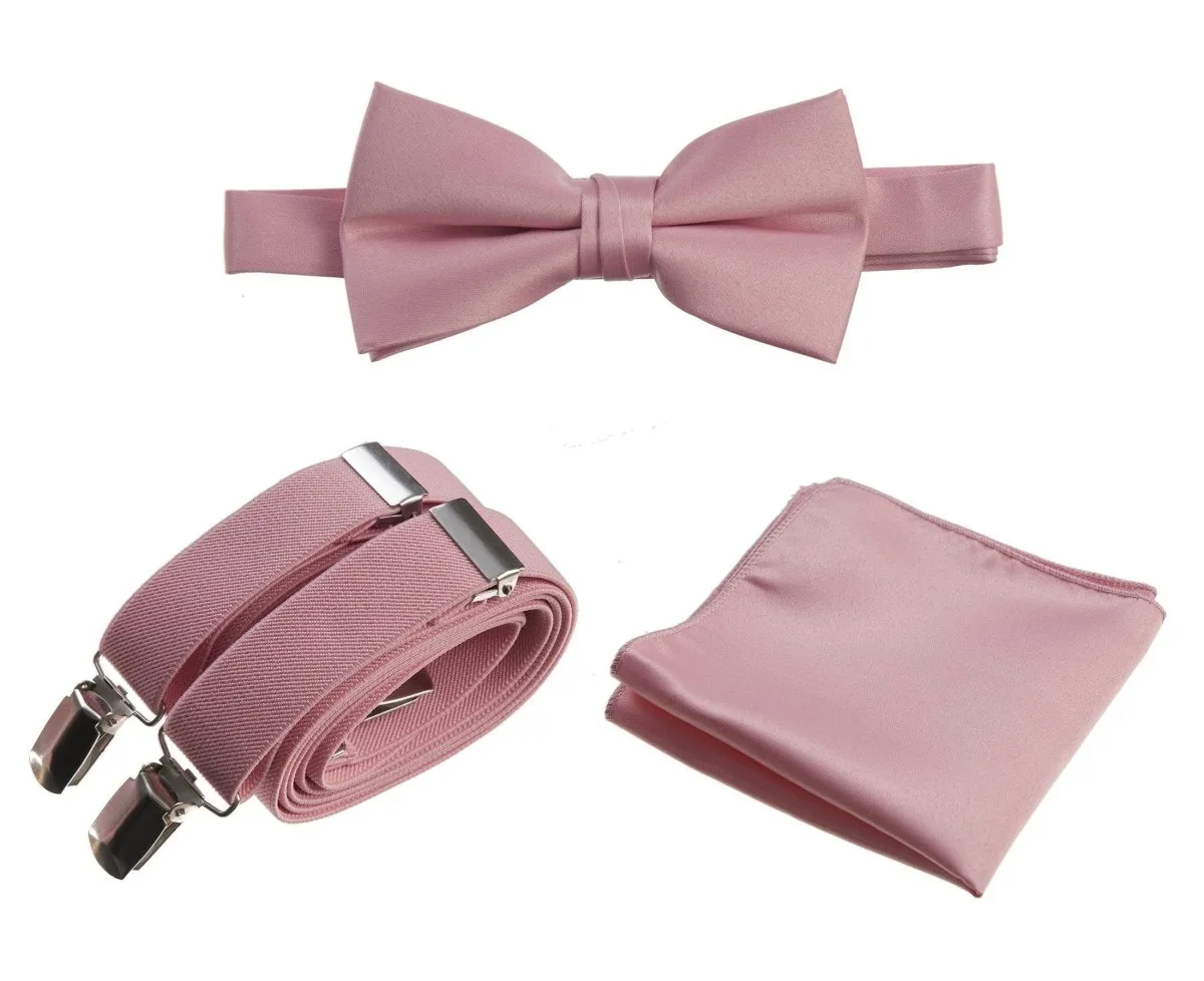 Adjustable Self-tie Bow Tie Stretch Suspender and Pocket Square Set - RENTAL