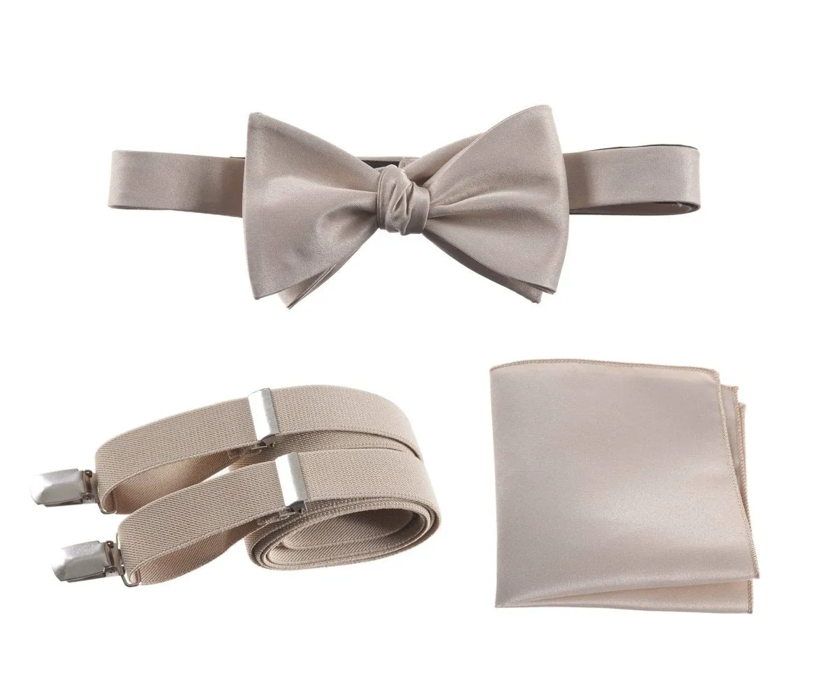 Adjustable Self-tie Bow Tie Stretch Suspender and Pocket Square Set - RENTAL