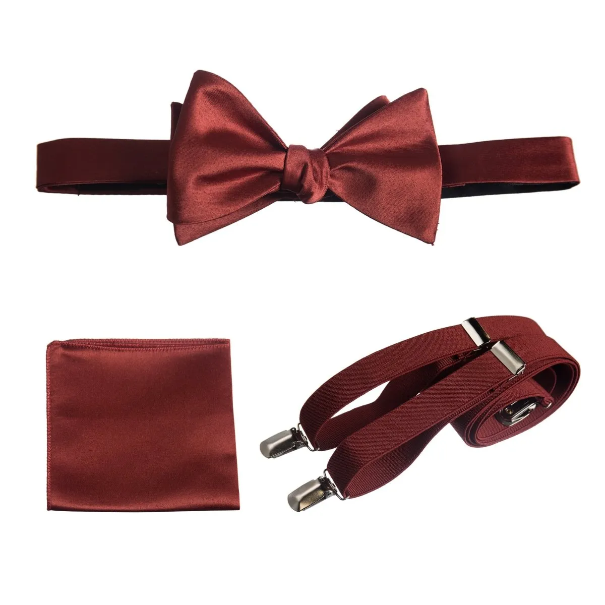 Adjustable Self-tie Bow Tie Stretch Suspender and Pocket Square Set - RENTAL