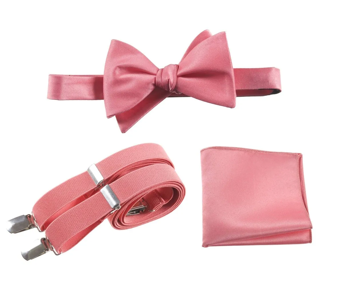 Adjustable Self-tie Bow Tie Stretch Suspender and Pocket Square Set - RENTAL