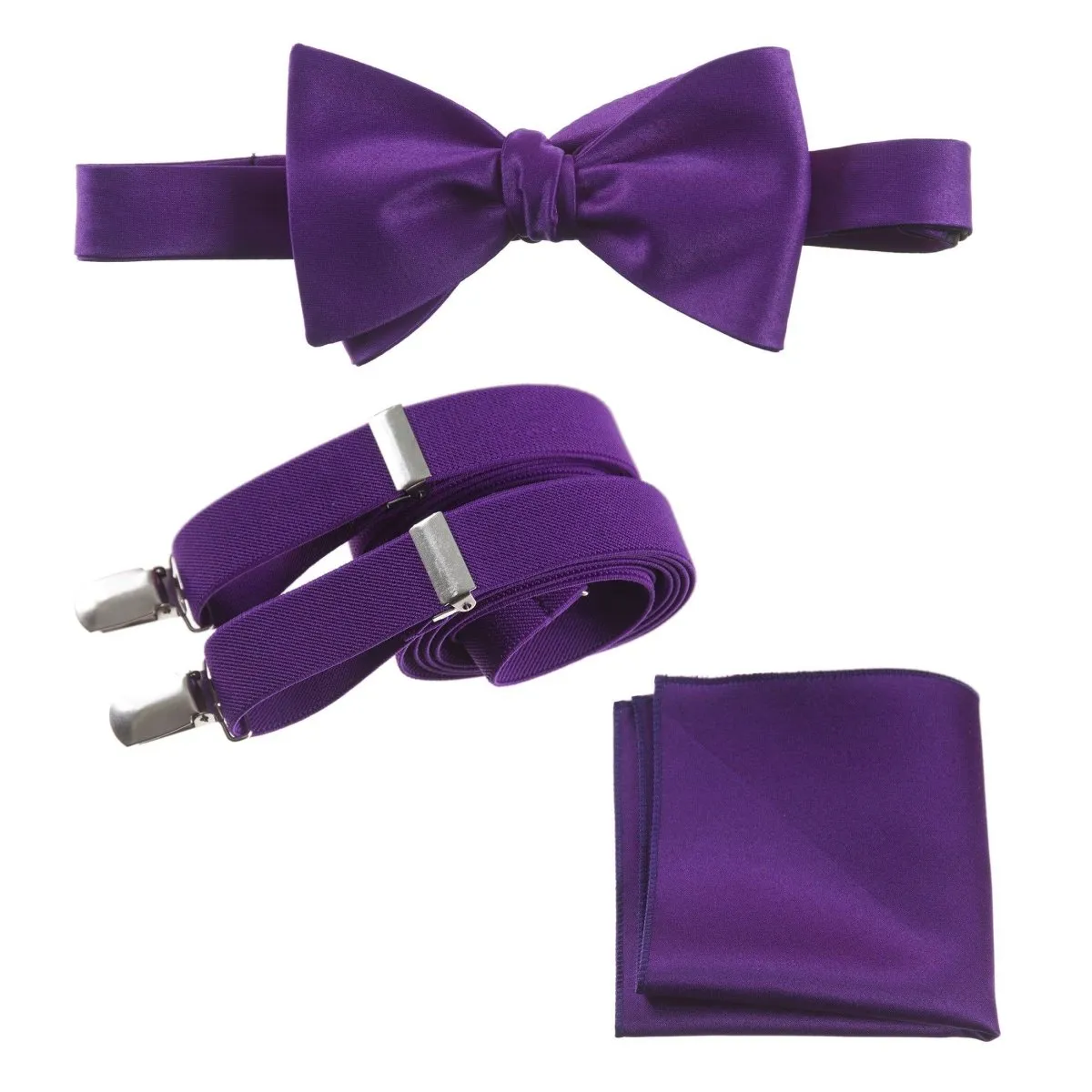 Adjustable Self-tie Bow Tie Stretch Suspender and Pocket Square Set - RENTAL