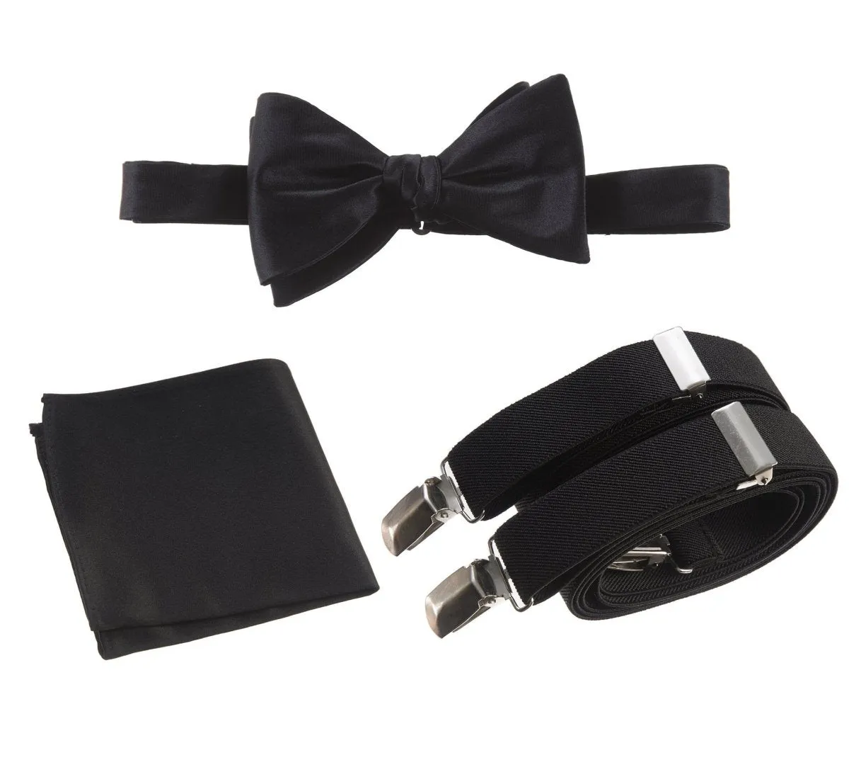 Adjustable Self-tie Bow Tie Stretch Suspender and Pocket Square Set - RENTAL