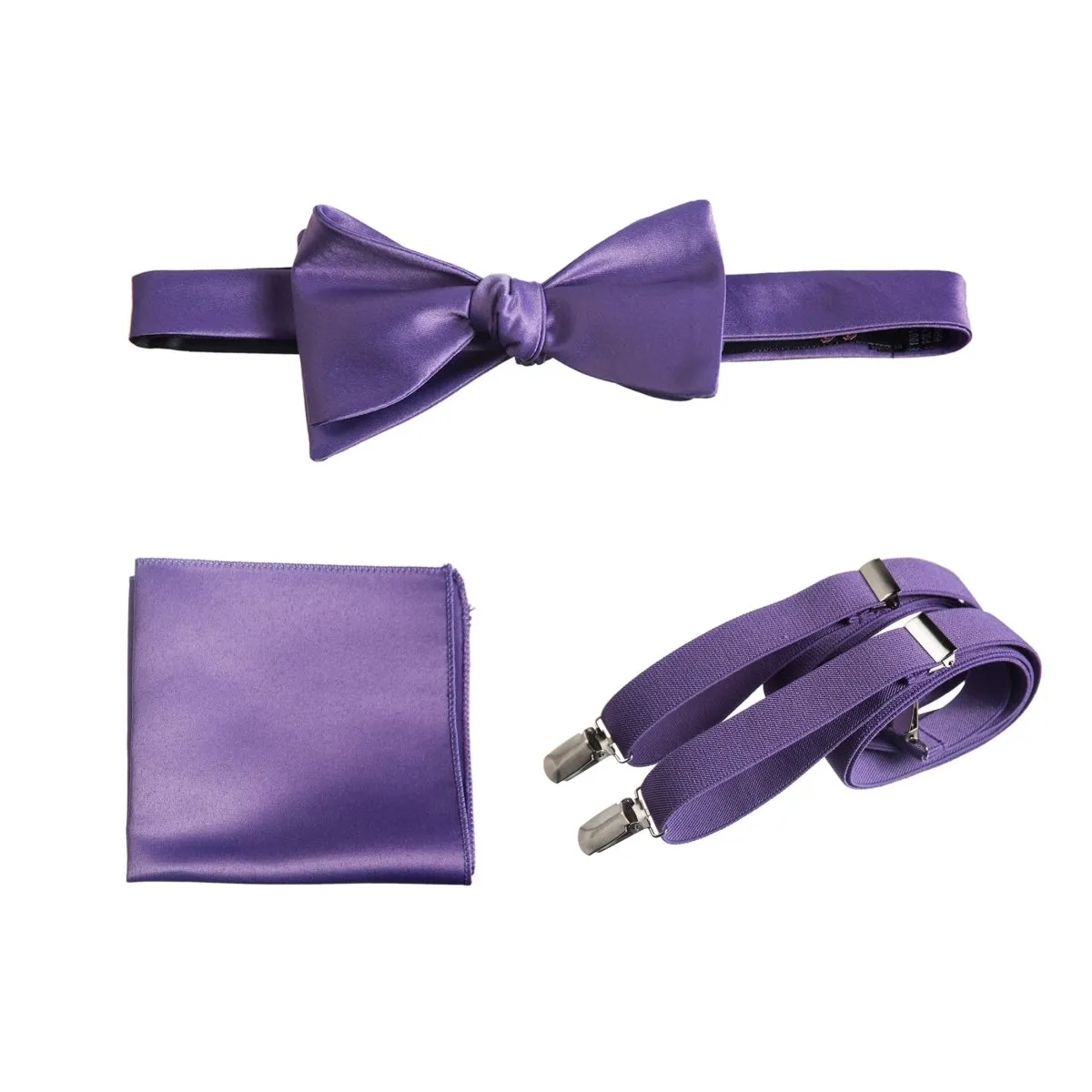 Adjustable Self-tie Bow Tie Stretch Suspender and Pocket Square Set - RENTAL