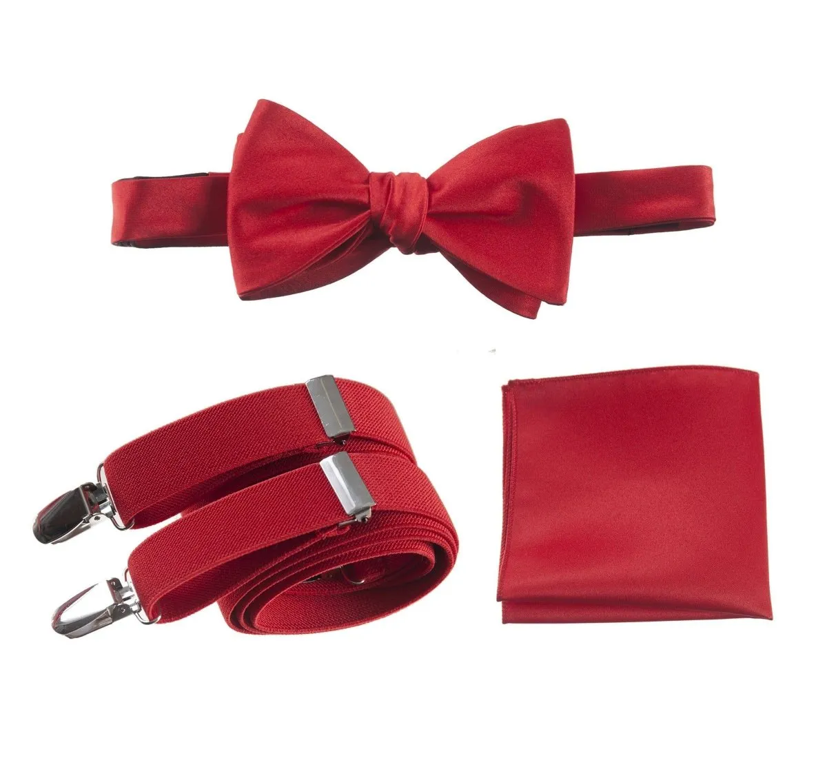 Adjustable Self-tie Bow Tie Stretch Suspender and Pocket Square Set - RENTAL