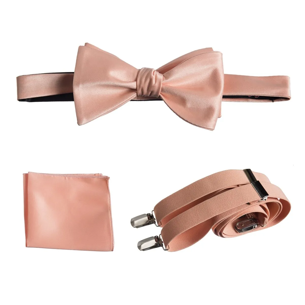 Adjustable Self-tie Bow Tie Stretch Suspender and Pocket Square Set - RENTAL