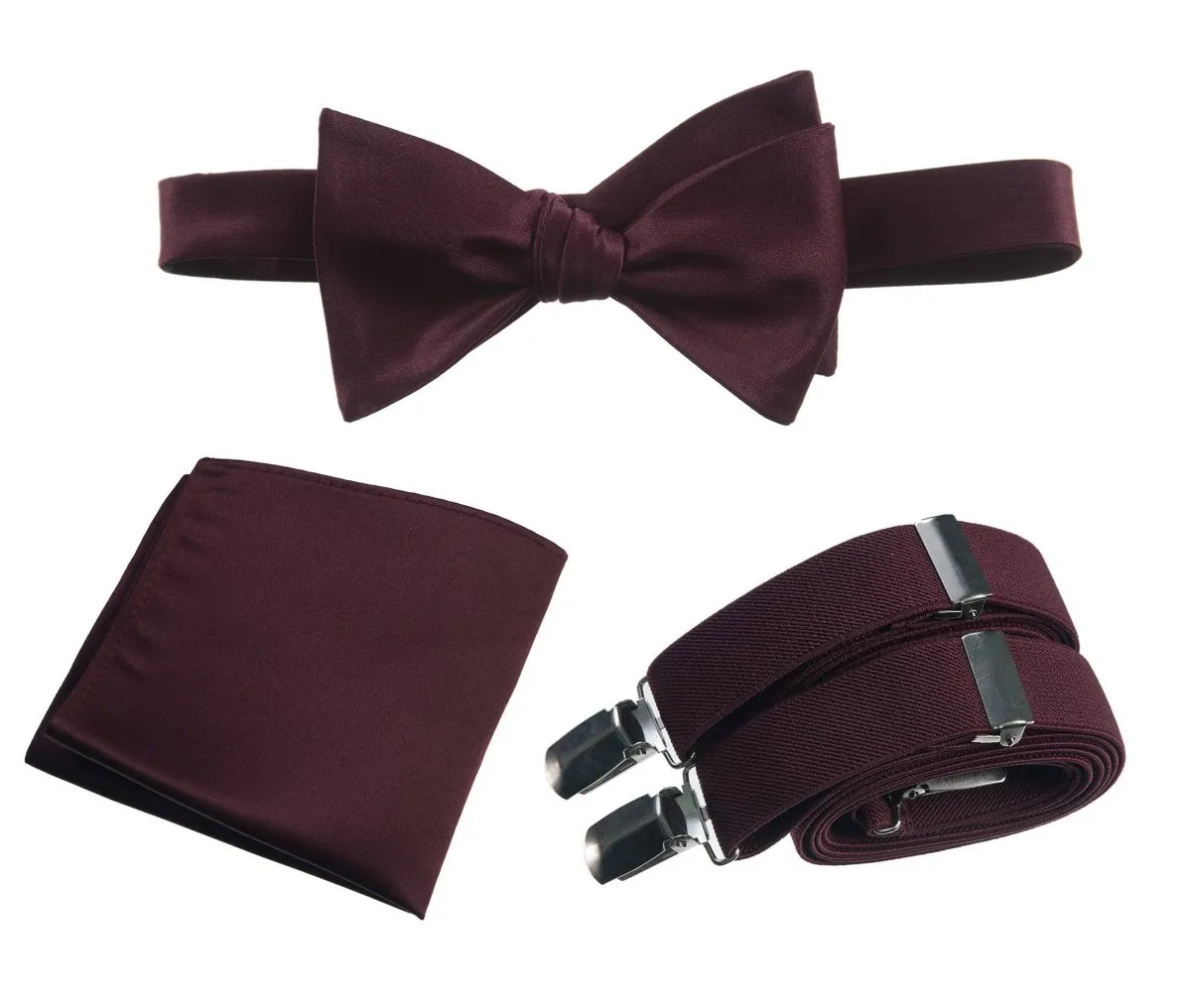 Adjustable Self-tie Bow Tie Stretch Suspender and Pocket Square Set - RENTAL