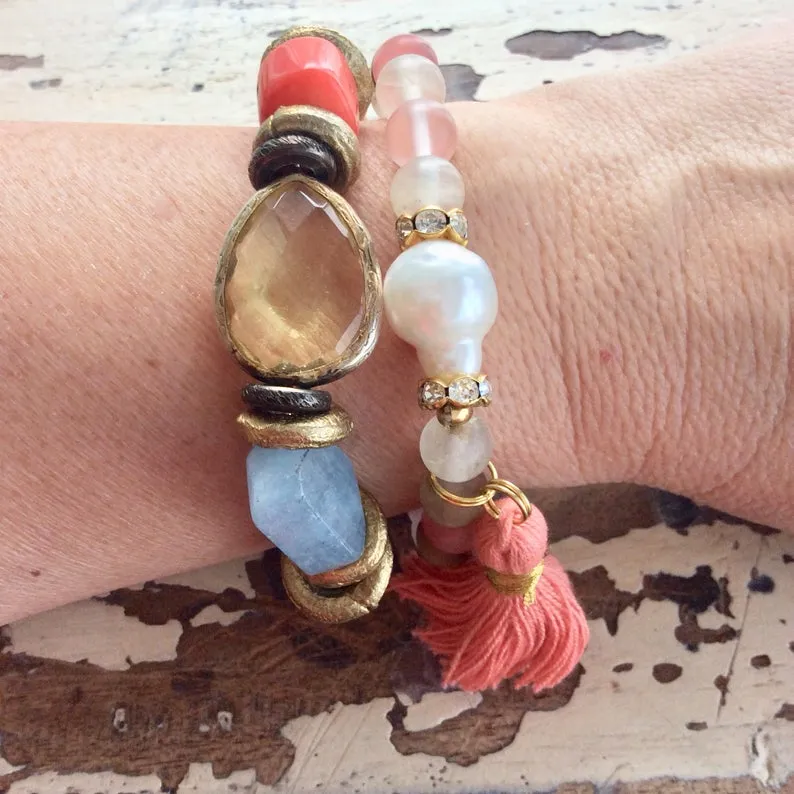 Aquamarine and Yellow Glass w Coral Sandalwood Stretchy Bracelet