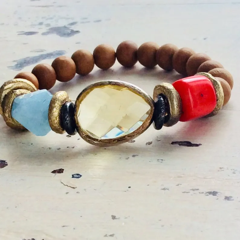 Aquamarine and Yellow Glass w Coral Sandalwood Stretchy Bracelet