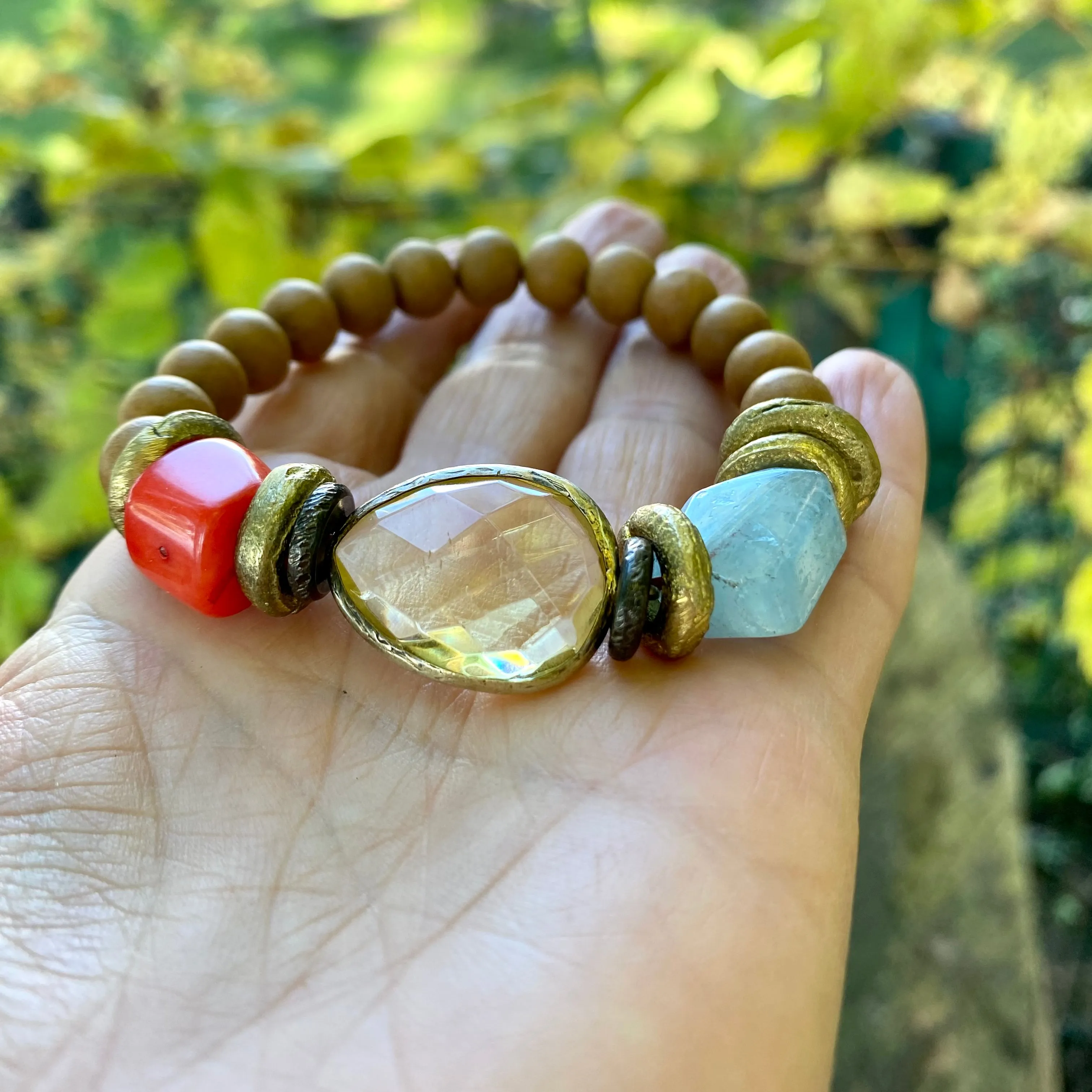 Aquamarine and Yellow Glass w Coral Sandalwood Stretchy Bracelet