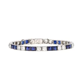 Art Deco French Platinum Natural No Heat Sapphire Old European Diamond Bracelet