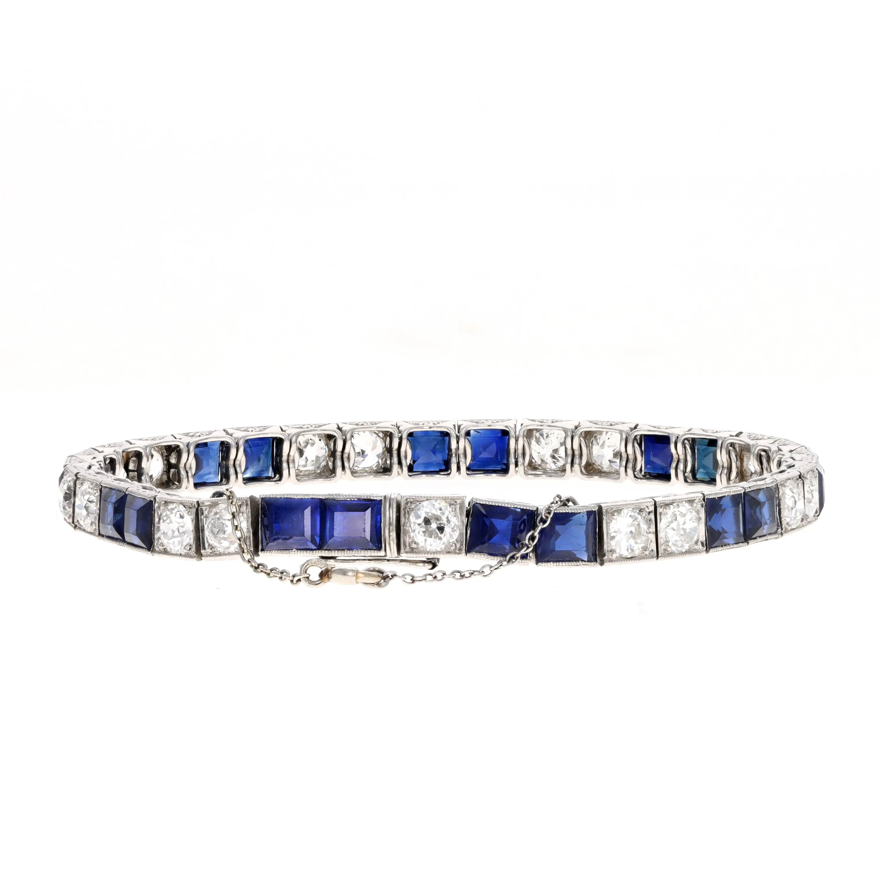 Art Deco French Platinum Natural No Heat Sapphire Old European Diamond Bracelet