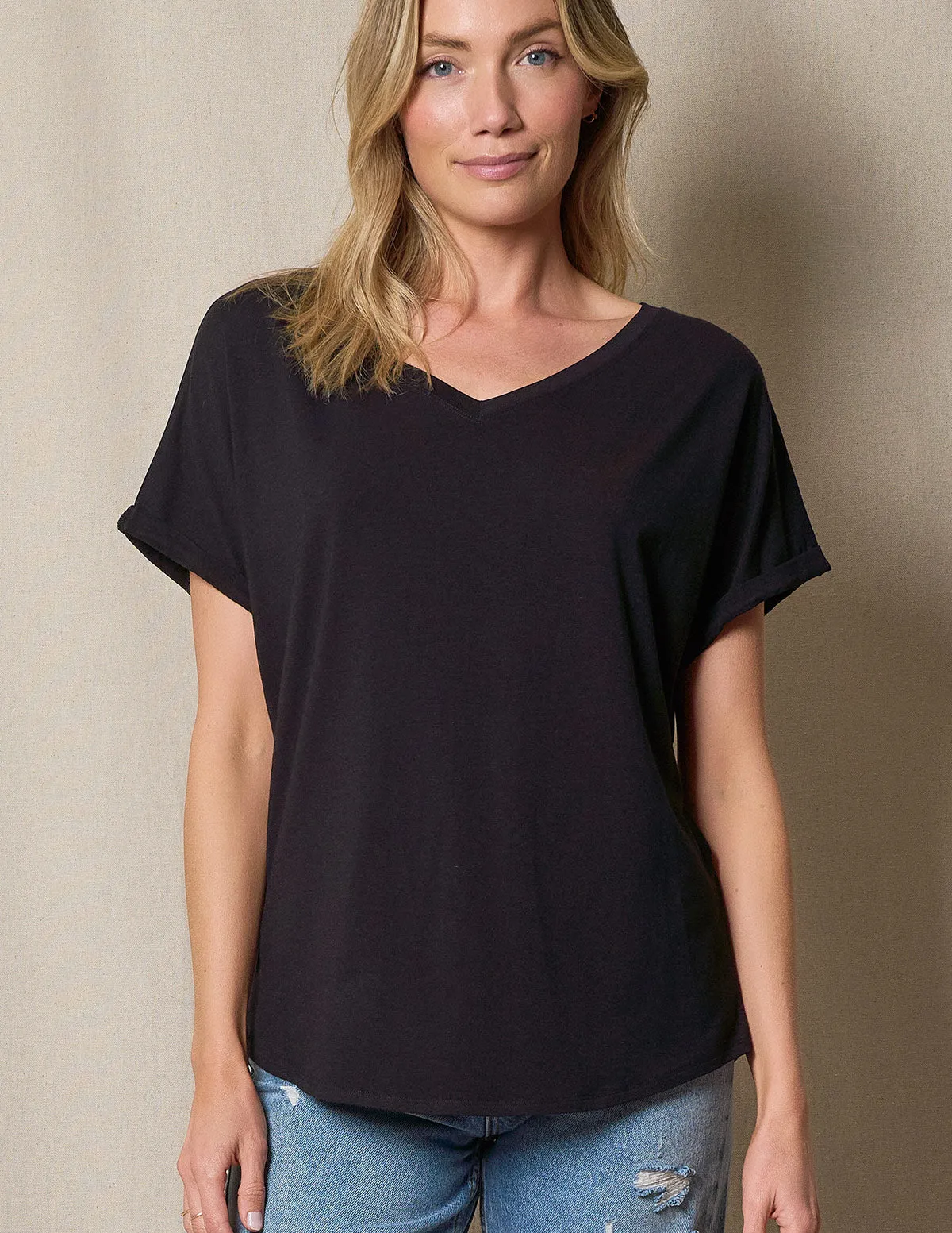 Bamboo / Organic Cotton V-Neck Dolman Top - Black