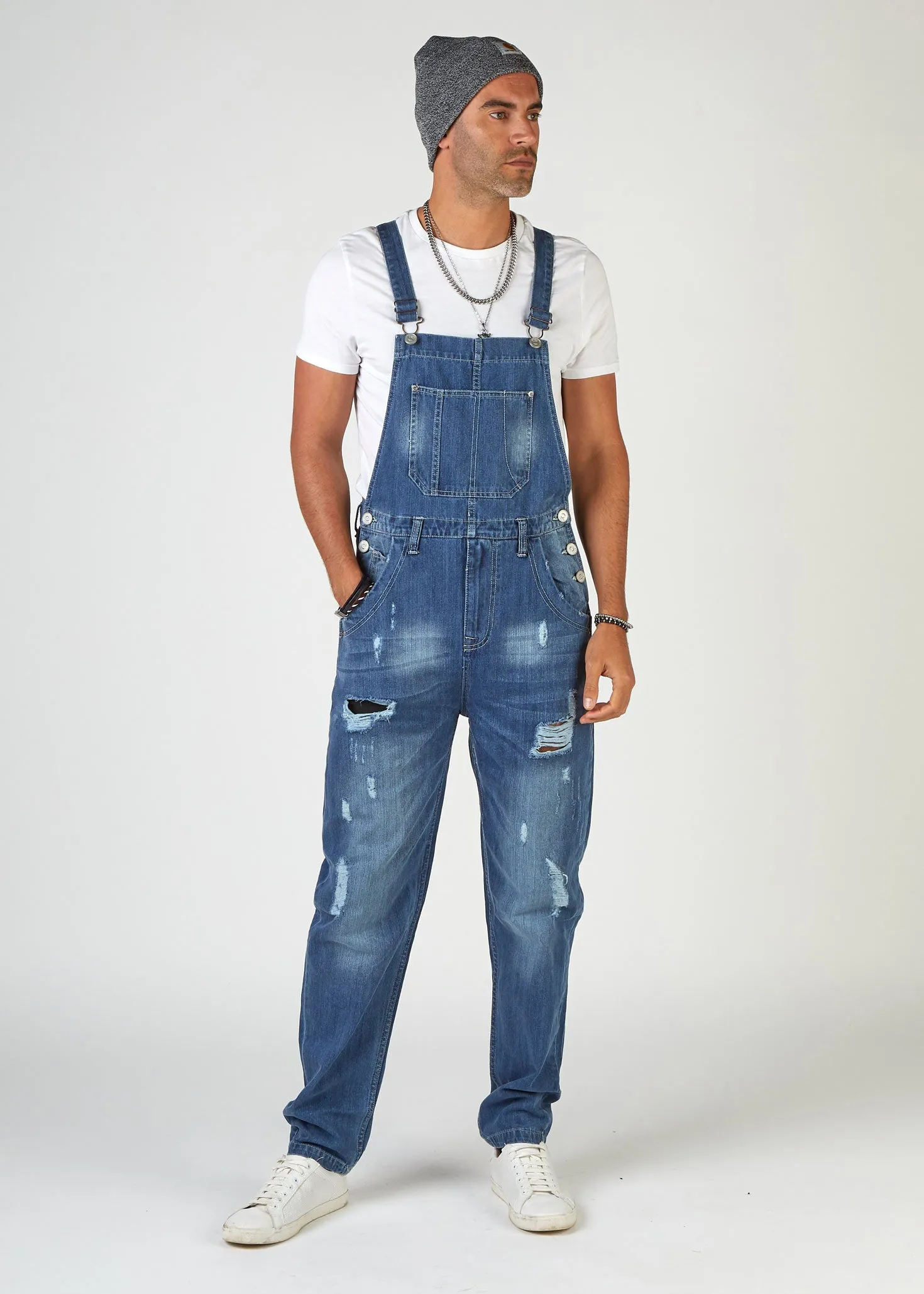 BERTIE Mens Relaxed Fit Dungarees Midwash with Rips