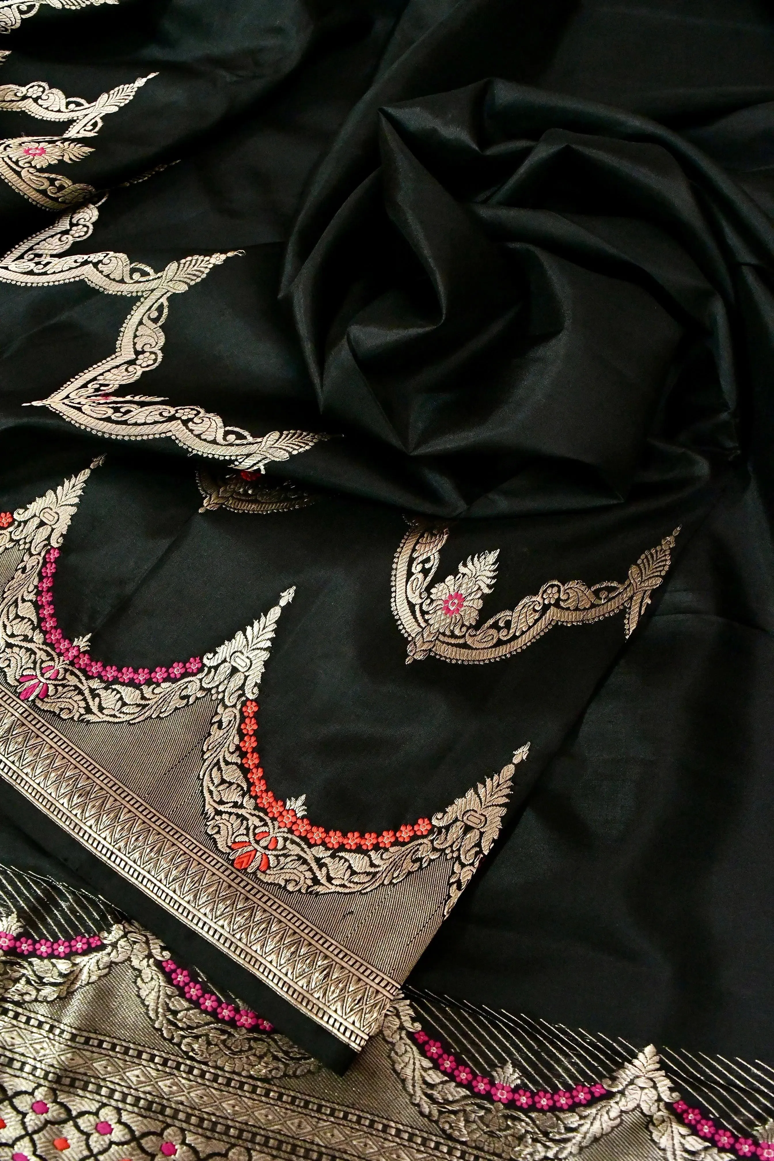 Black Color Pure Katan Banarasi Saree with Meenakari Border and Pallu