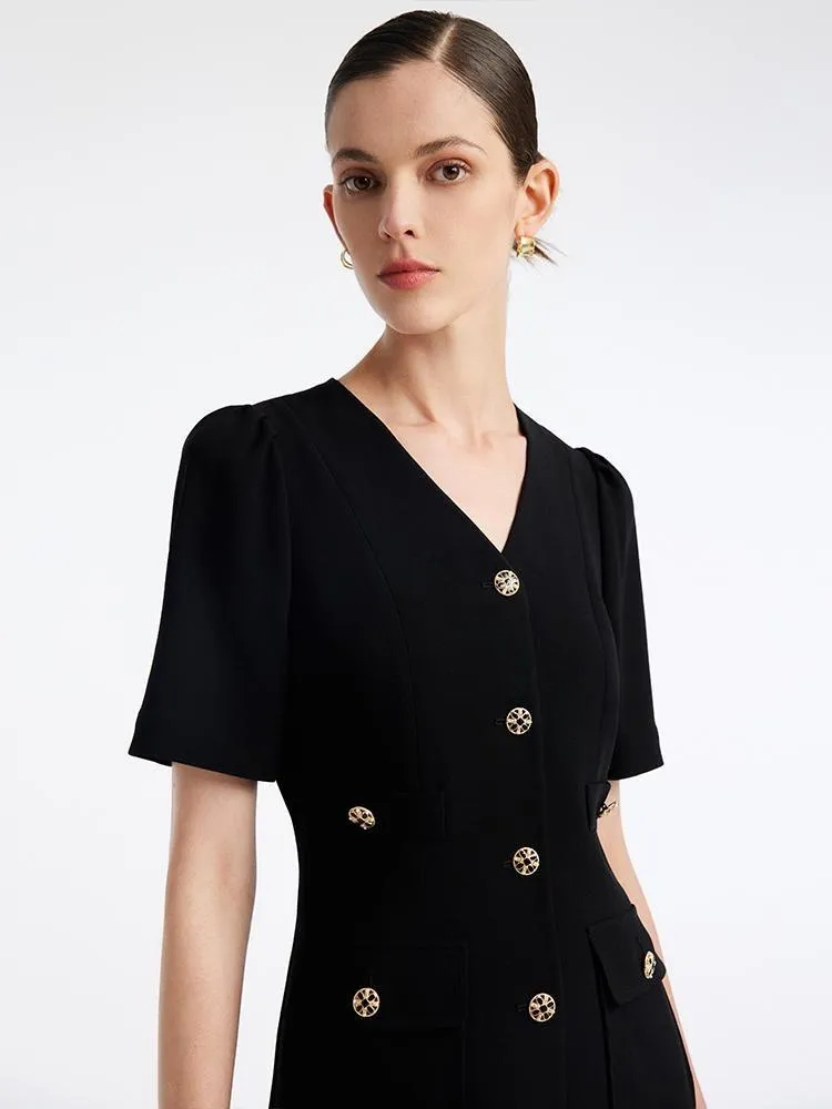 Black Triacetate Button Front Mini Dress