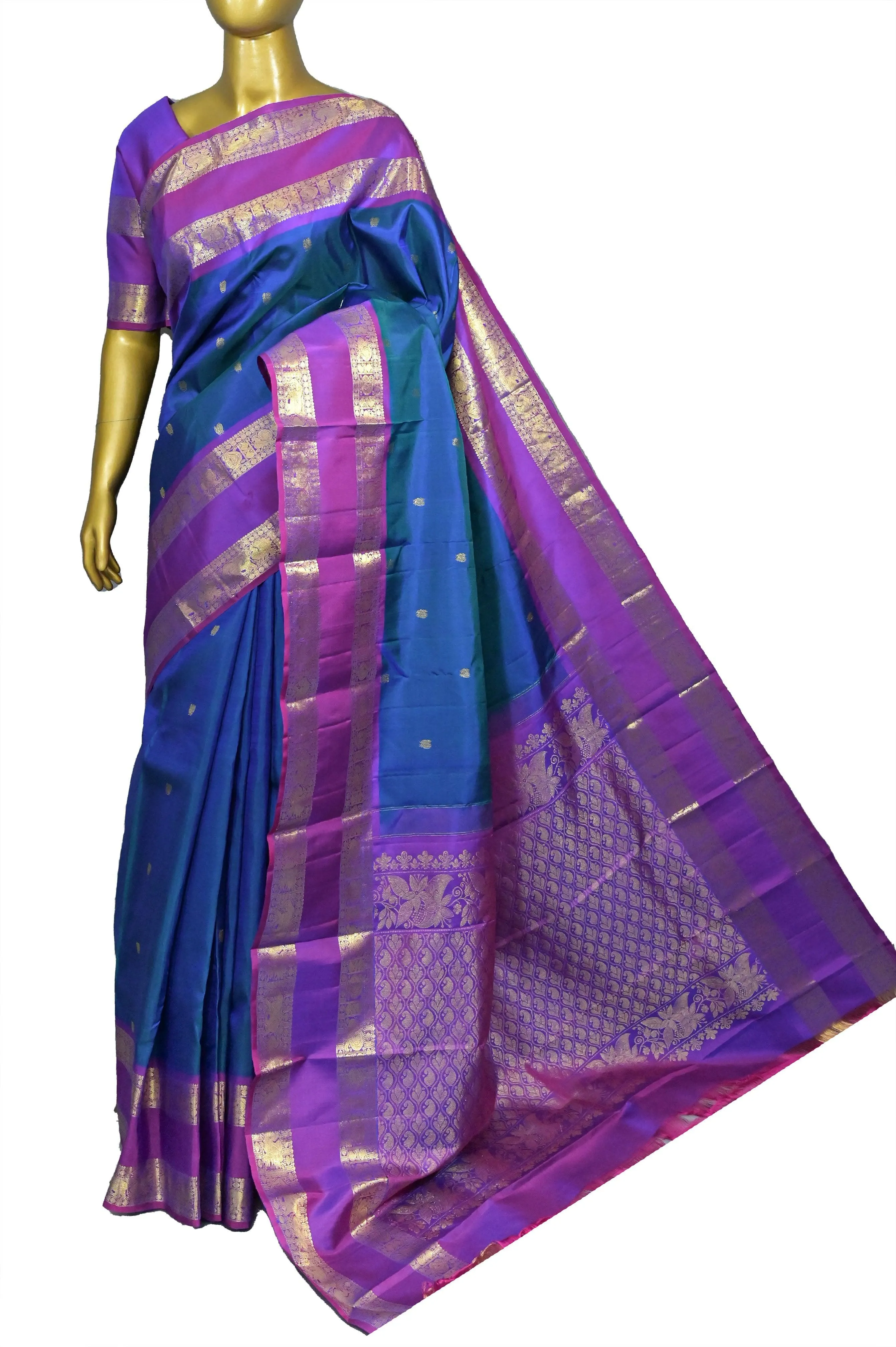 Blue and Purple Dual-Tone Color Pure Kanjeevaram Silk Saree