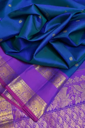 Blue and Purple Dual-Tone Color Pure Kanjeevaram Silk Saree