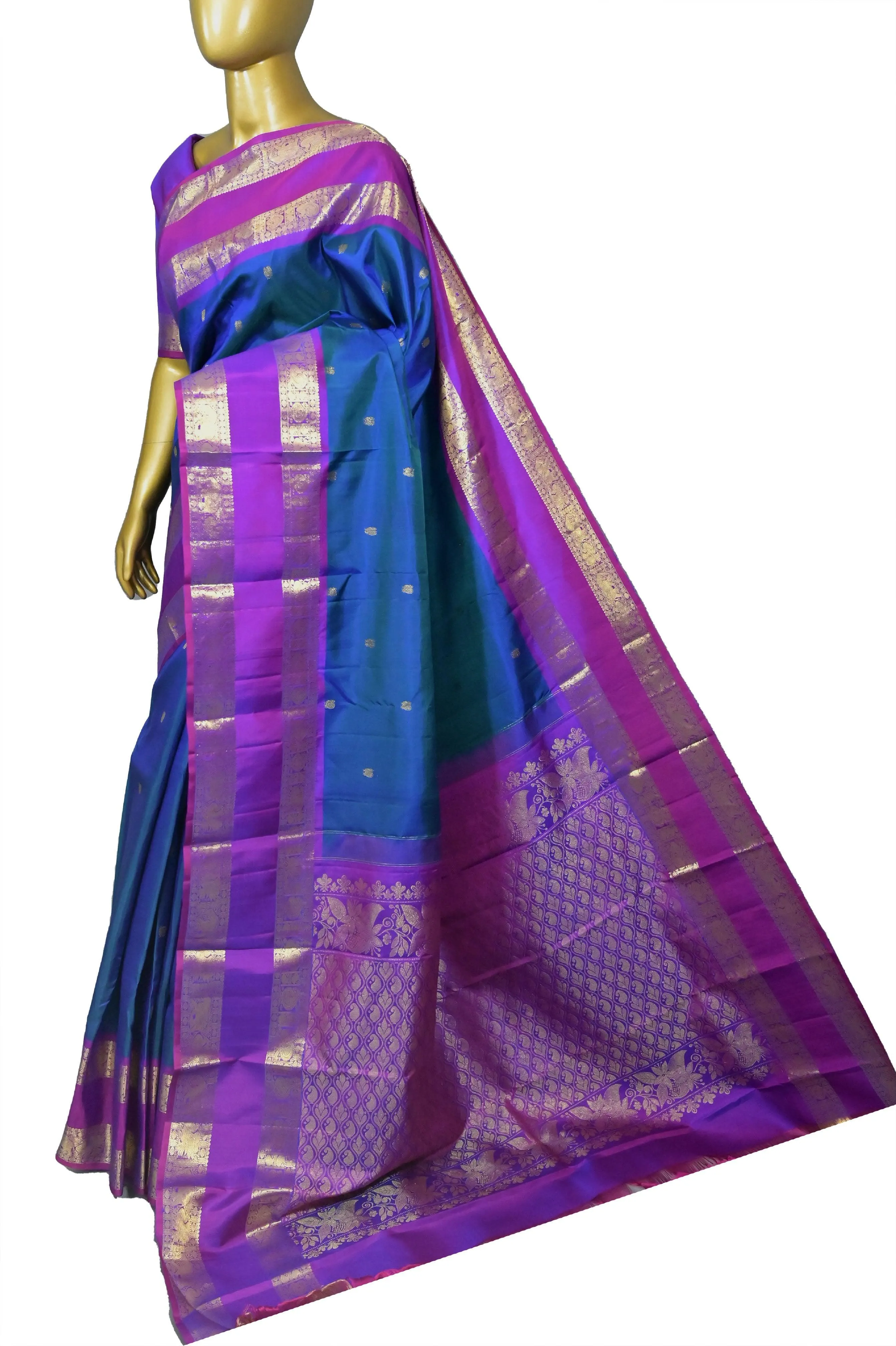 Blue and Purple Dual-Tone Color Pure Kanjeevaram Silk Saree