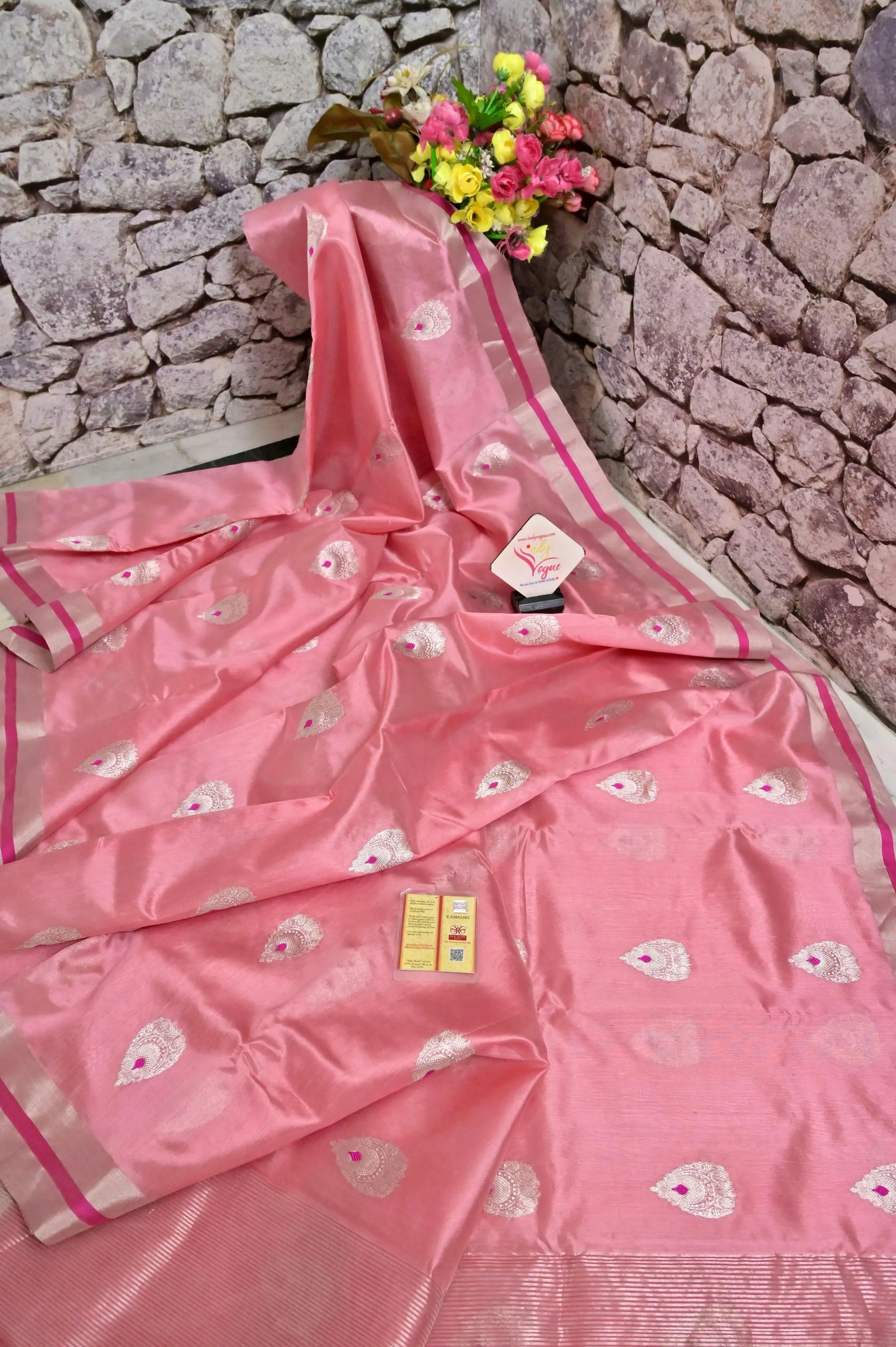 Blush Pink Color Pure Chanderi Banarasi Saree with Meenakari Butta and Plain Border