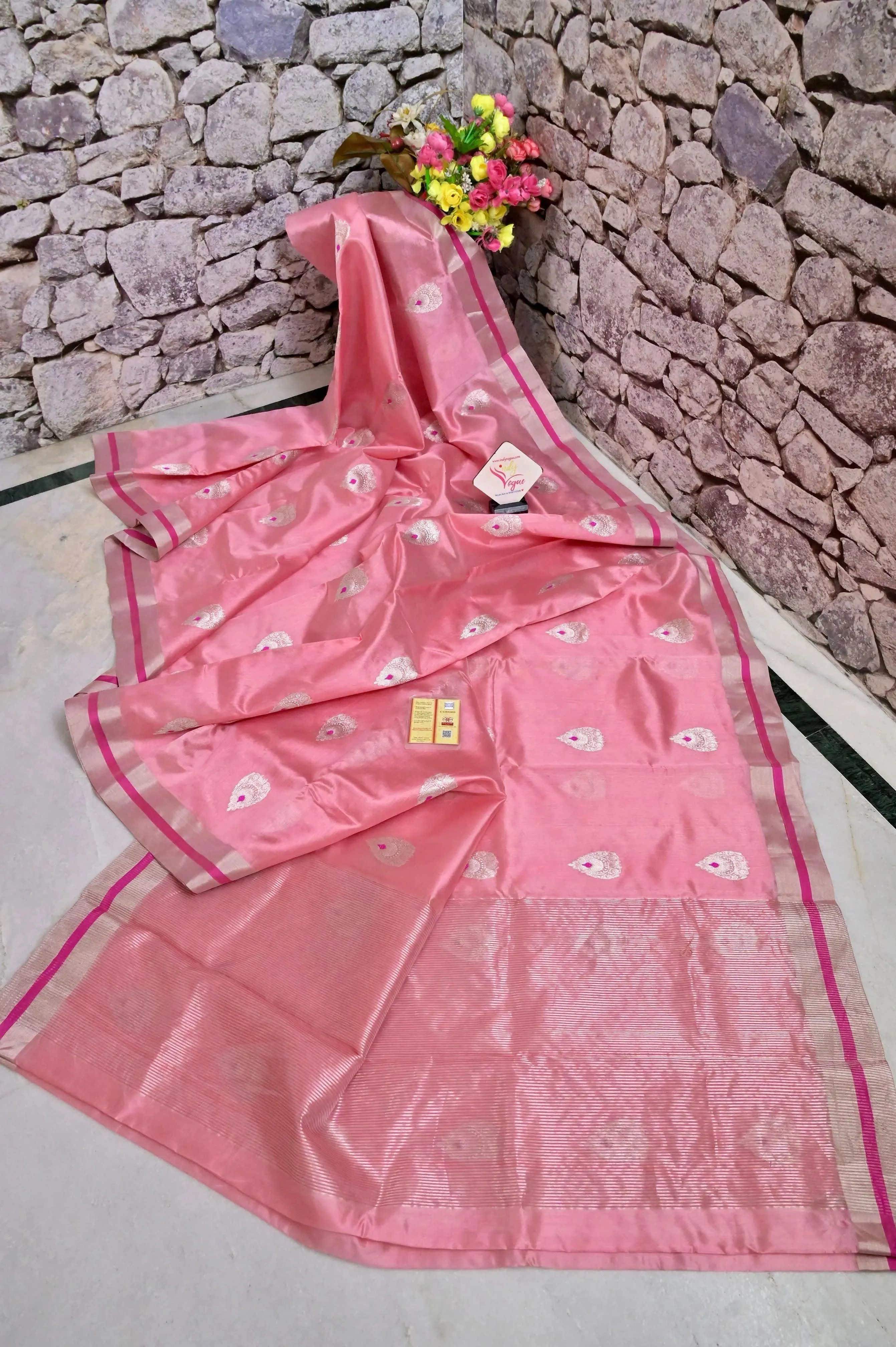 Blush Pink Color Pure Chanderi Banarasi Saree with Meenakari Butta and Plain Border