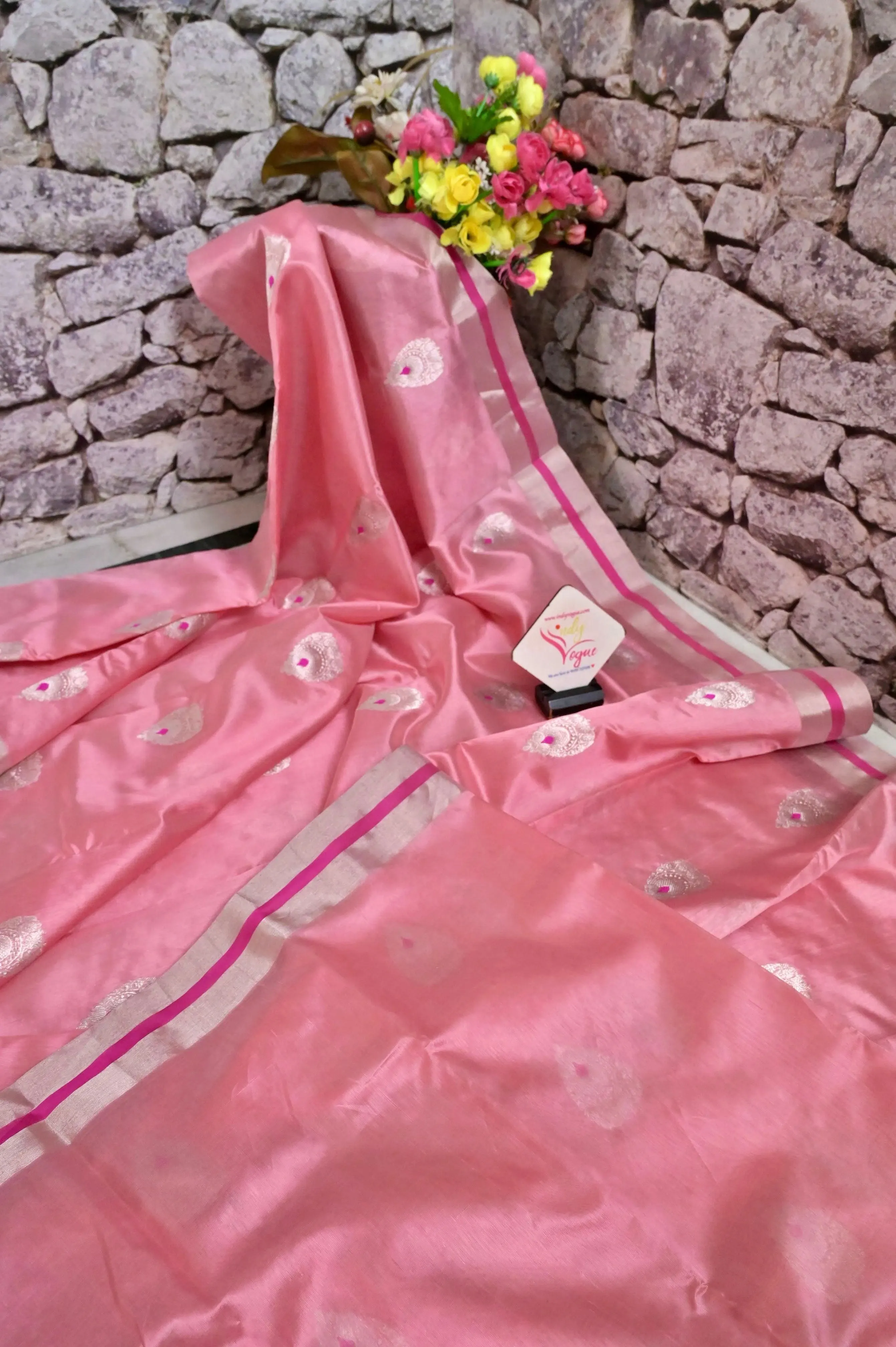 Blush Pink Color Pure Chanderi Banarasi Saree with Meenakari Butta and Plain Border