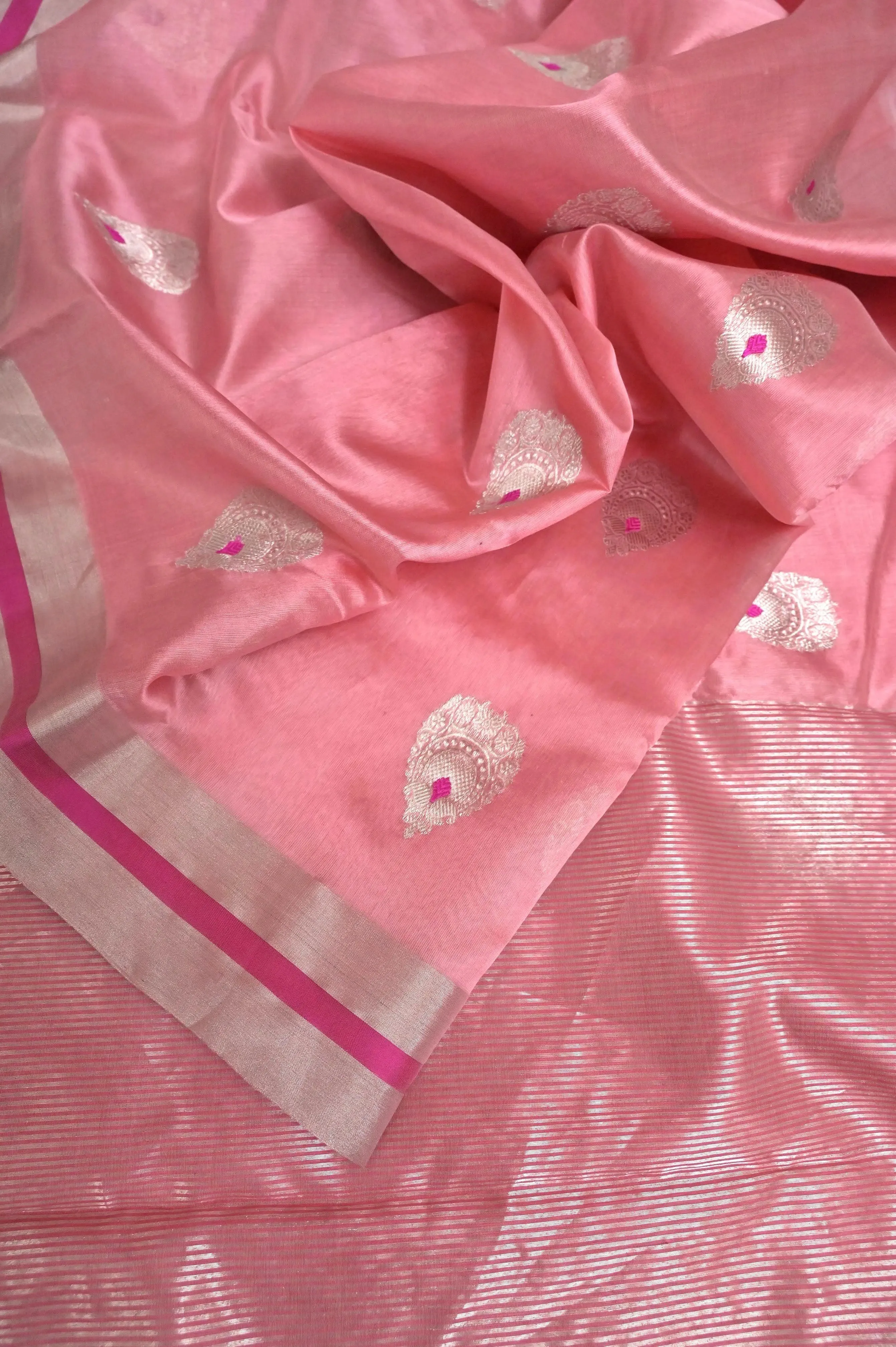 Blush Pink Color Pure Chanderi Banarasi Saree with Meenakari Butta and Plain Border