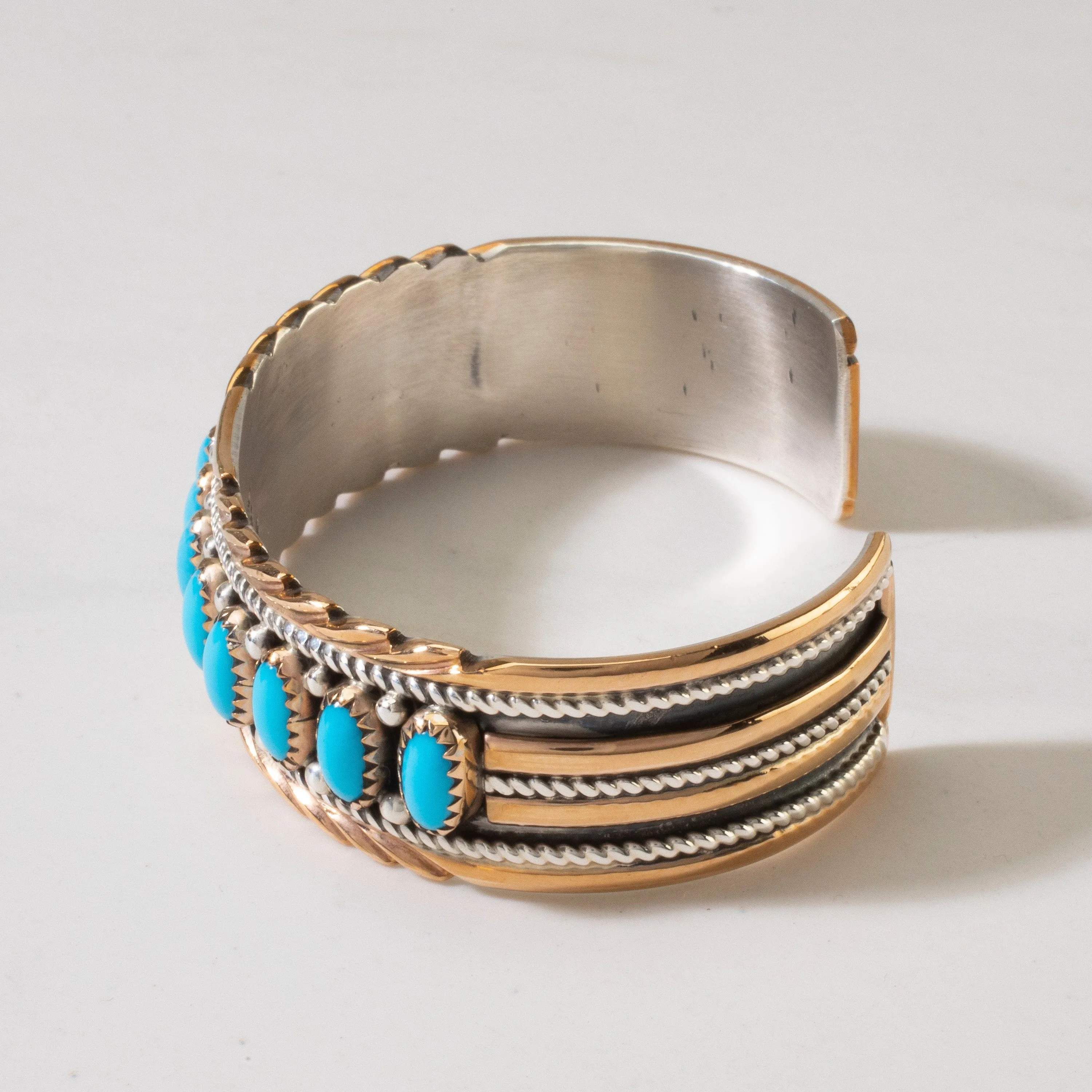 Bobby Johnson Navajo Sleeping Beauty Turquoise USA Native American Made 925 Sterling Silver & Gold Filled Cuff