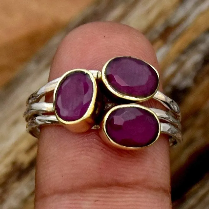 Boho Ruby 925 Solid Sterling Silver Ring,  Gift for Women, Handcrafted Oval Shape Jewelry