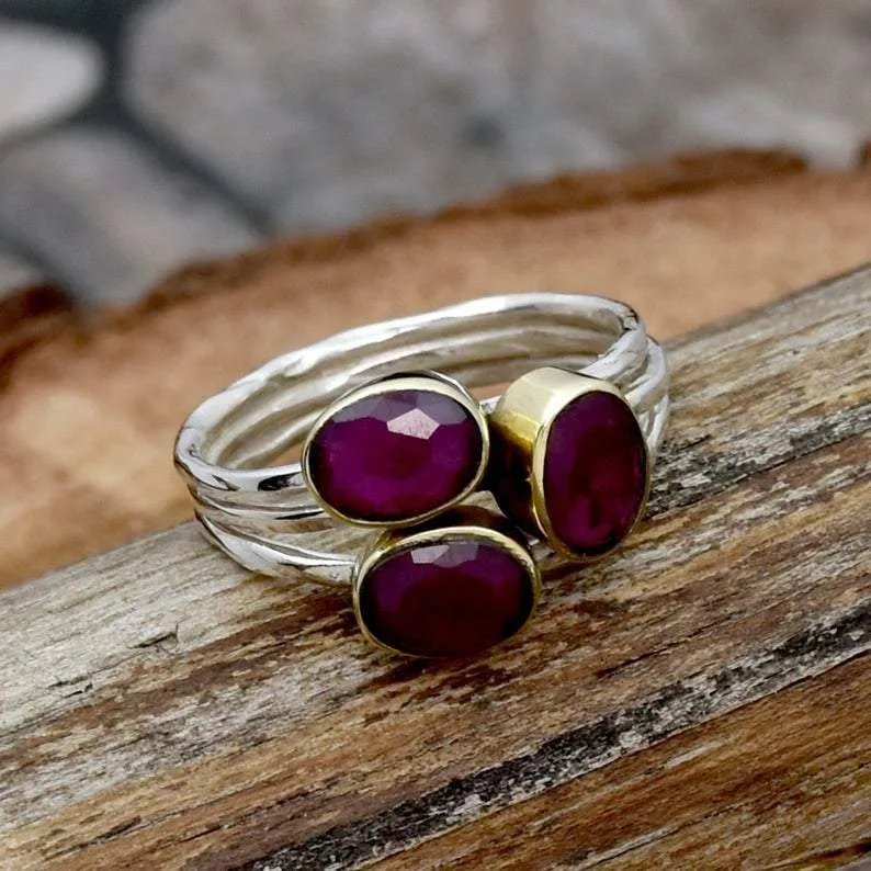 Boho Ruby 925 Solid Sterling Silver Ring,  Gift for Women, Handcrafted Oval Shape Jewelry