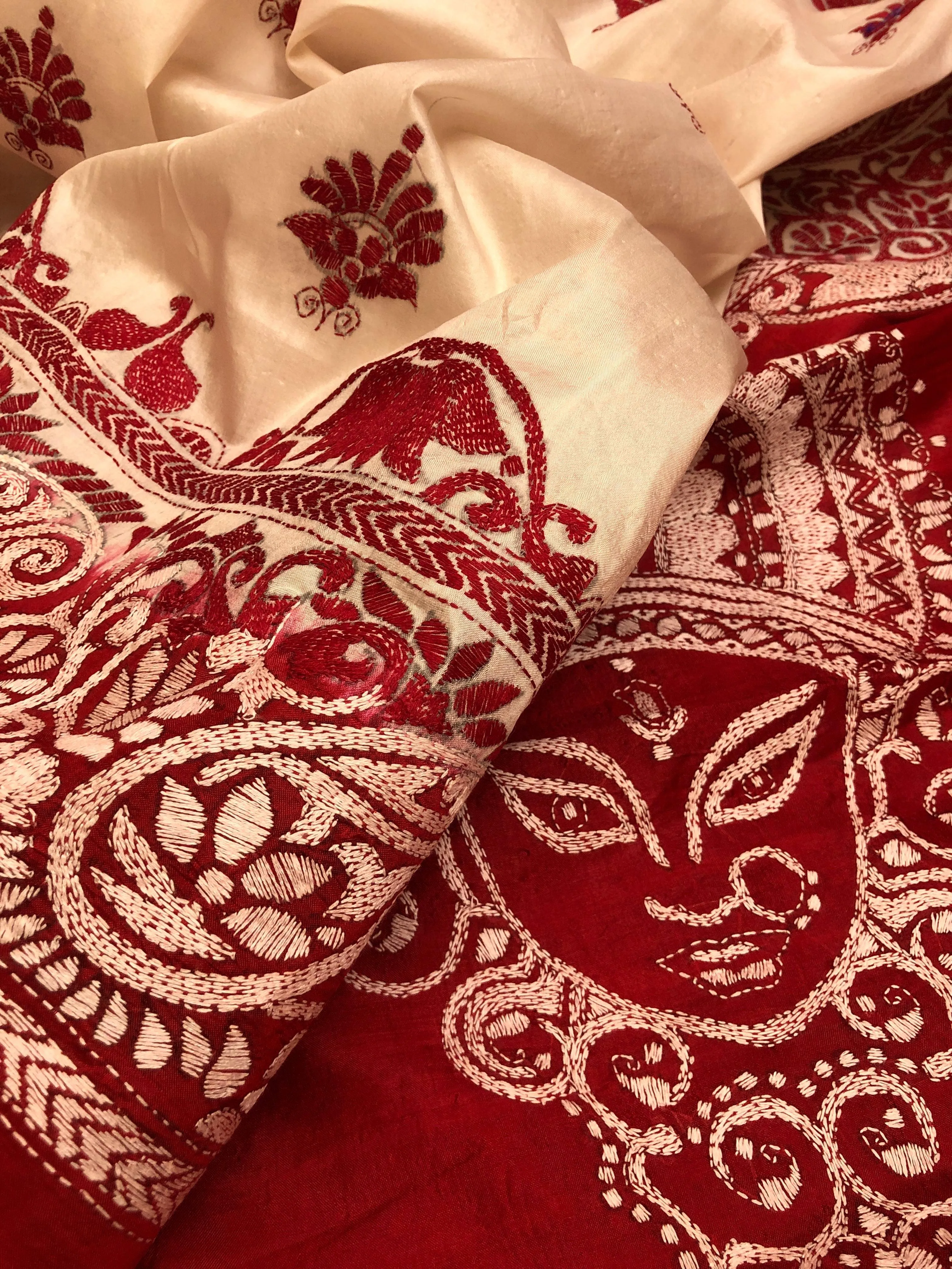 Cream White and Red Color Pure Bishnupur Katan Silk Saree with Hand Kantha Stitch