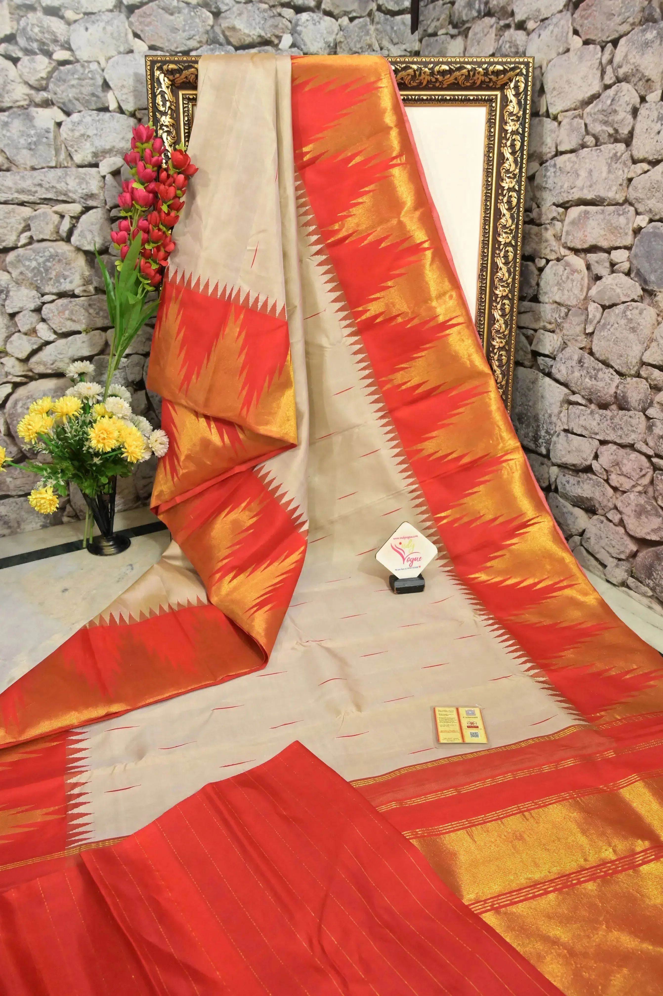 Creamy Offwhite and Orange Color Pure Kanjeevaram Silk Saree with Temple Border