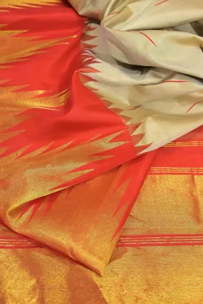 Creamy Offwhite and Orange Color Pure Kanjeevaram Silk Saree with Temple Border