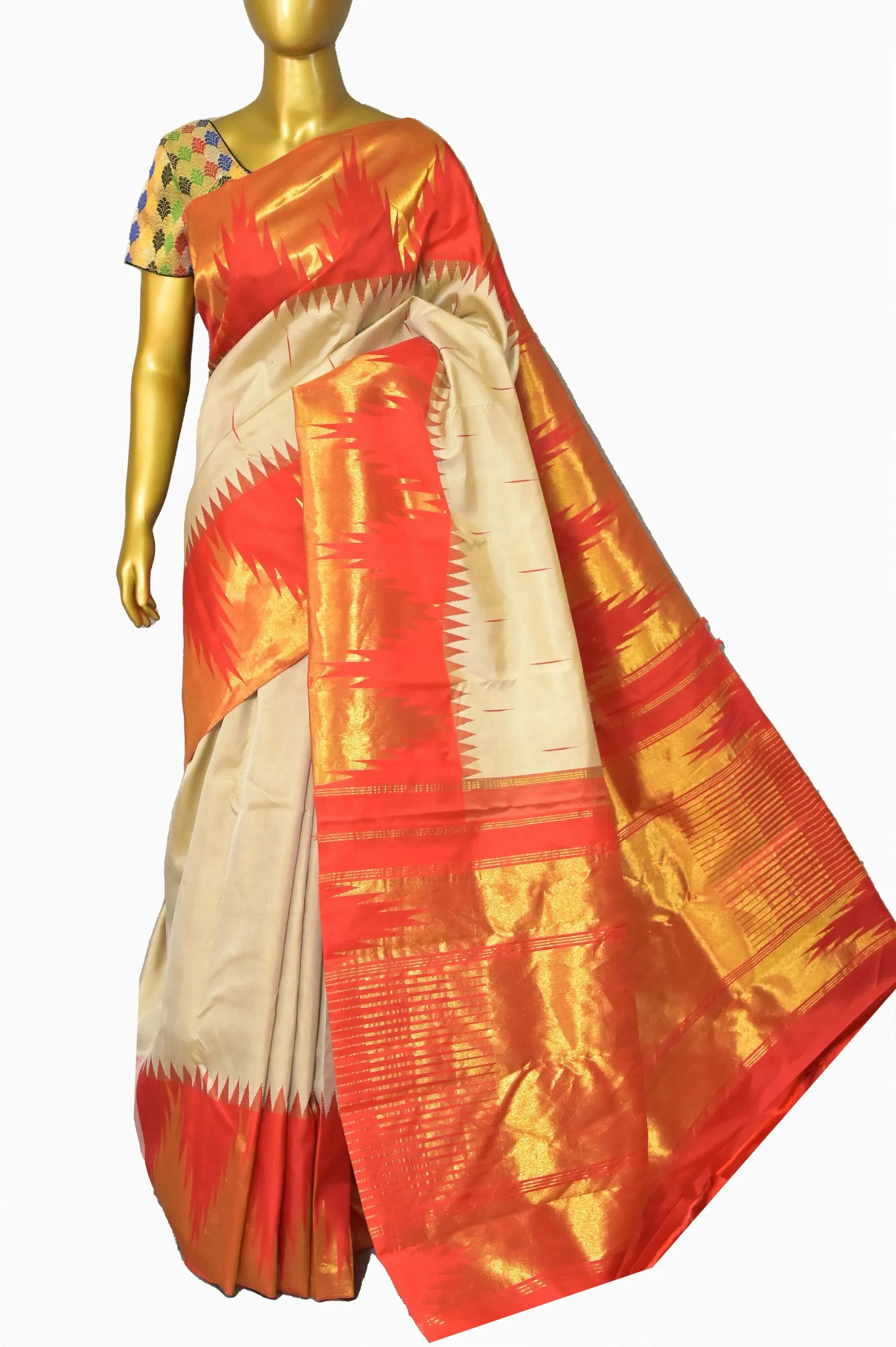 Creamy Offwhite and Orange Color Pure Kanjeevaram Silk Saree with Temple Border