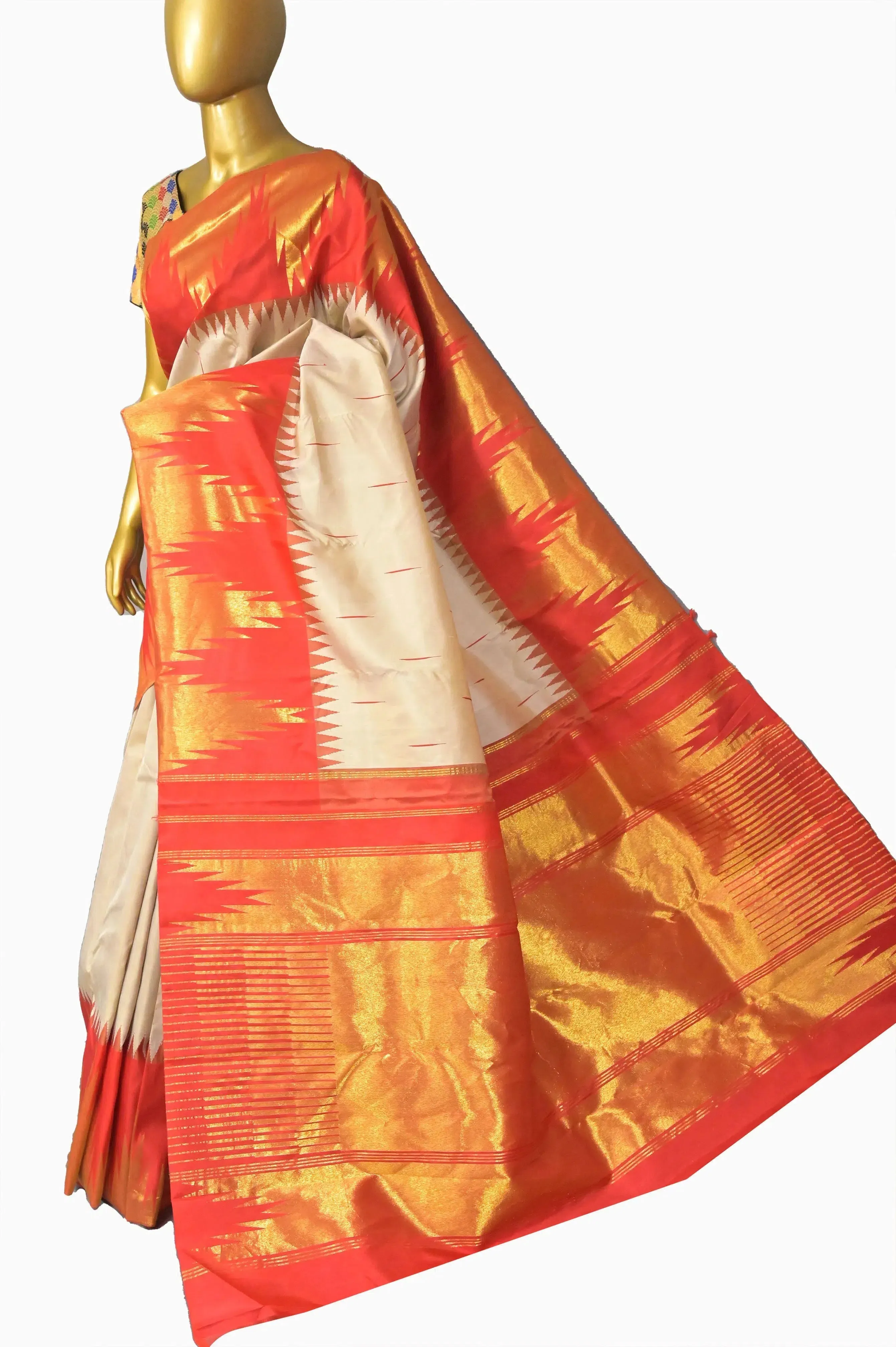 Creamy Offwhite and Orange Color Pure Kanjeevaram Silk Saree with Temple Border