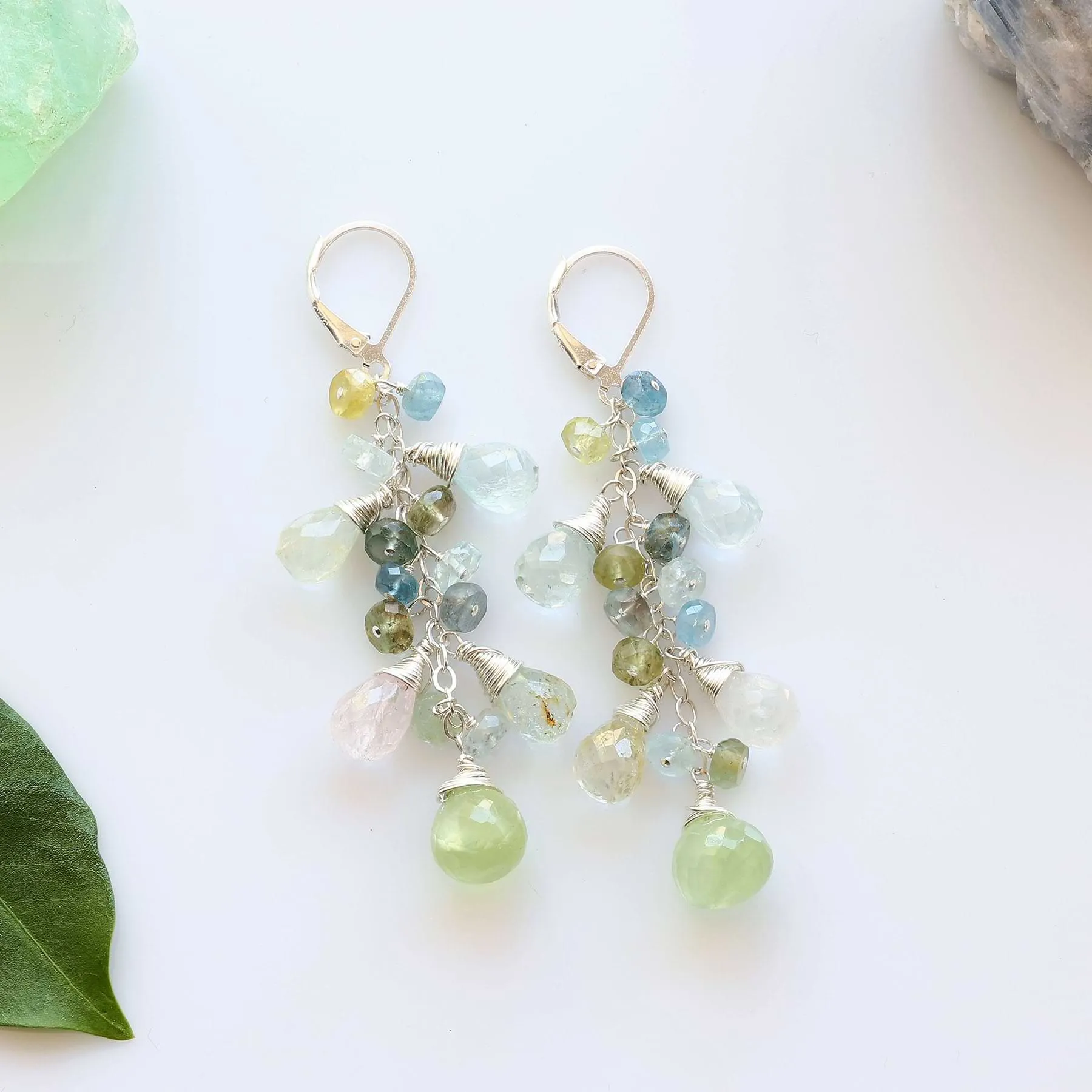 Crisp Air - Multi Gemstone Silver Cluster Drop Earrings