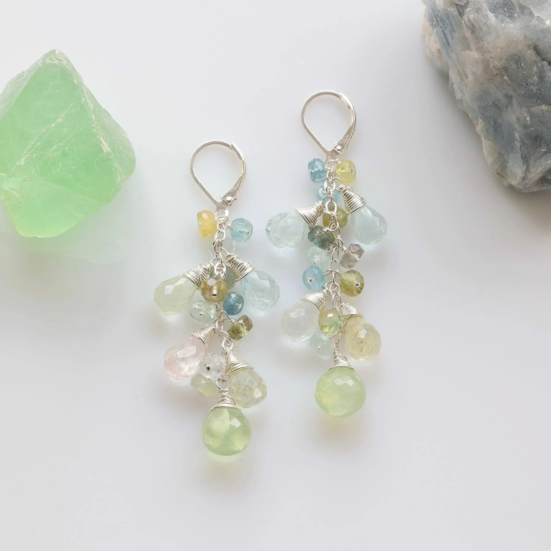 Crisp Air - Multi Gemstone Silver Cluster Drop Earrings