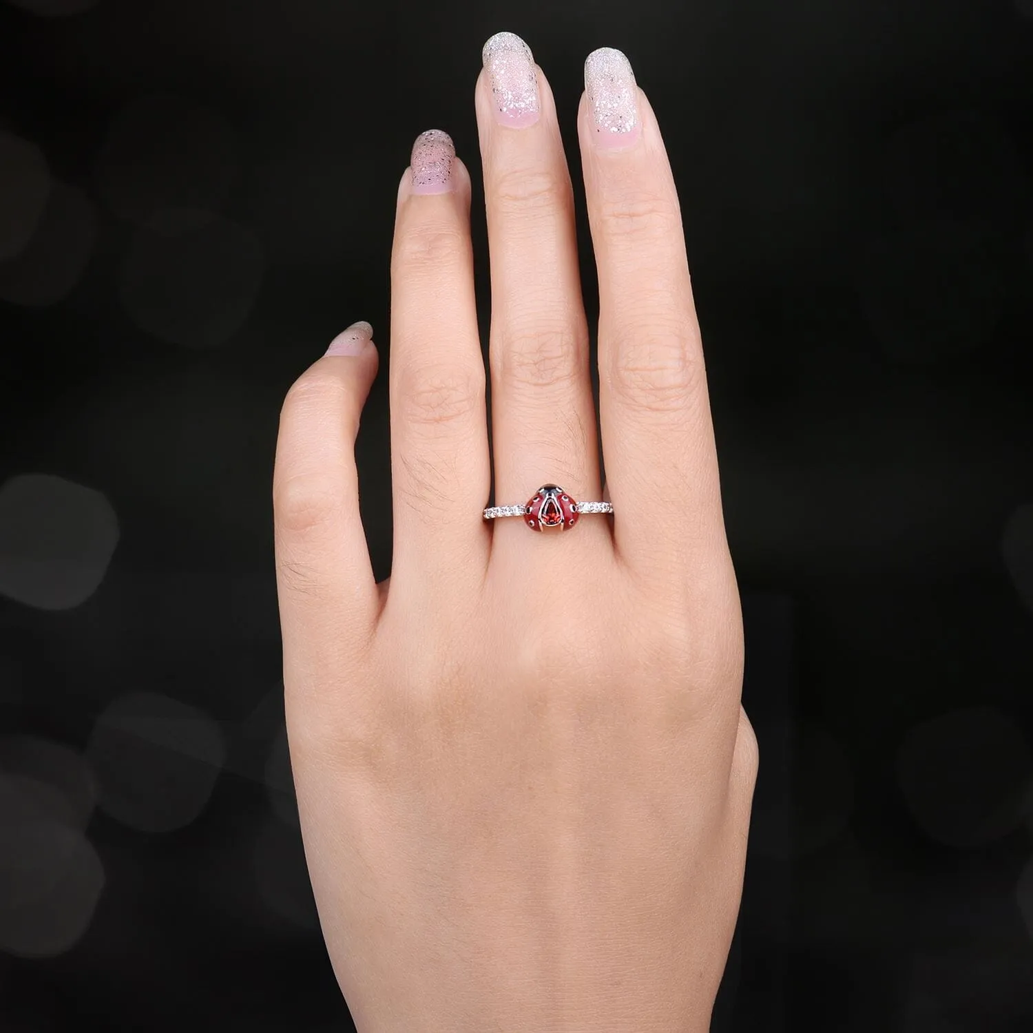 Cute Coccinella Natural Garnet Ring  - 925 Sterling Silver